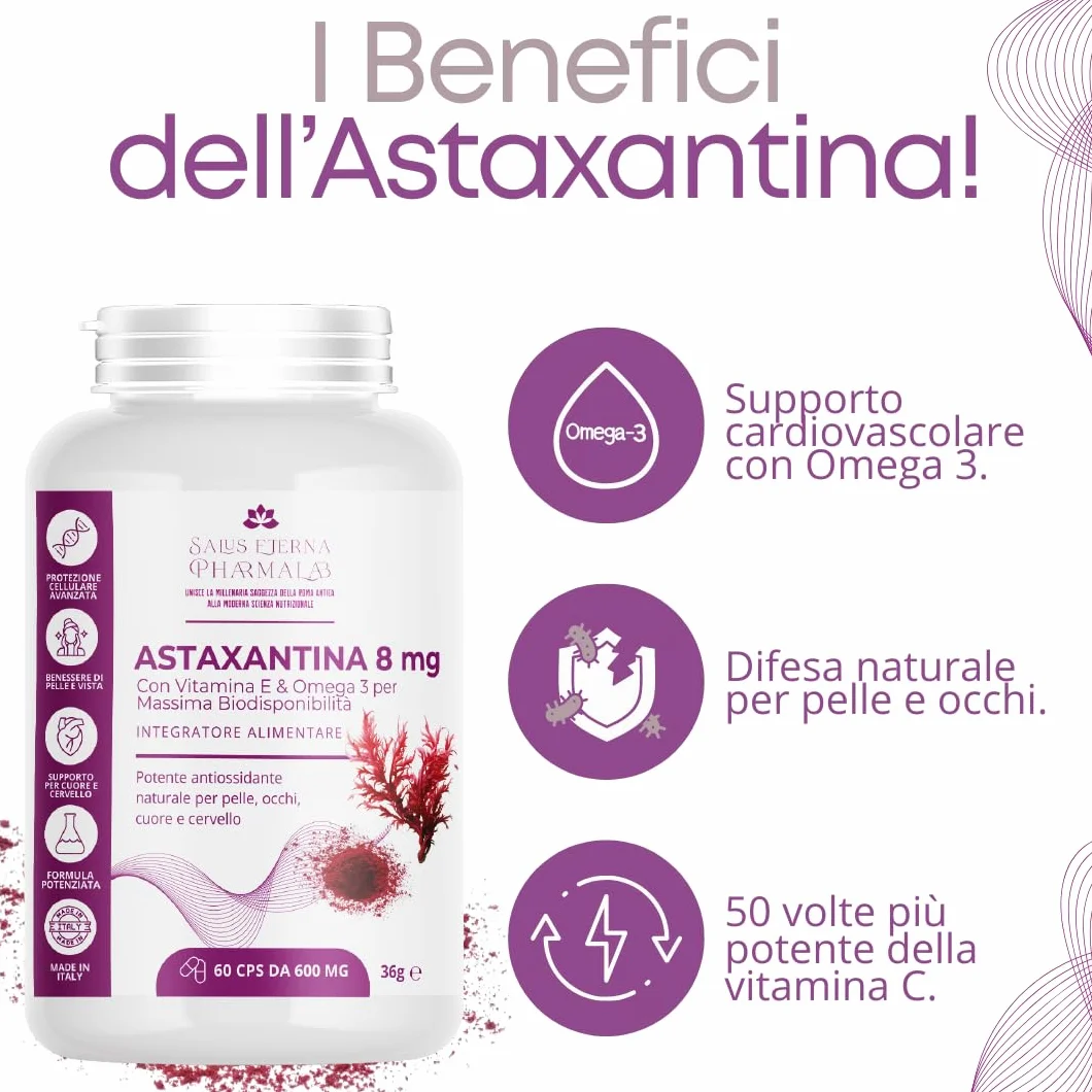 Salus Eterna Astaxantina 8mg 60 Capsule Integratore Antiossidante con Vitamina E e Omega 3