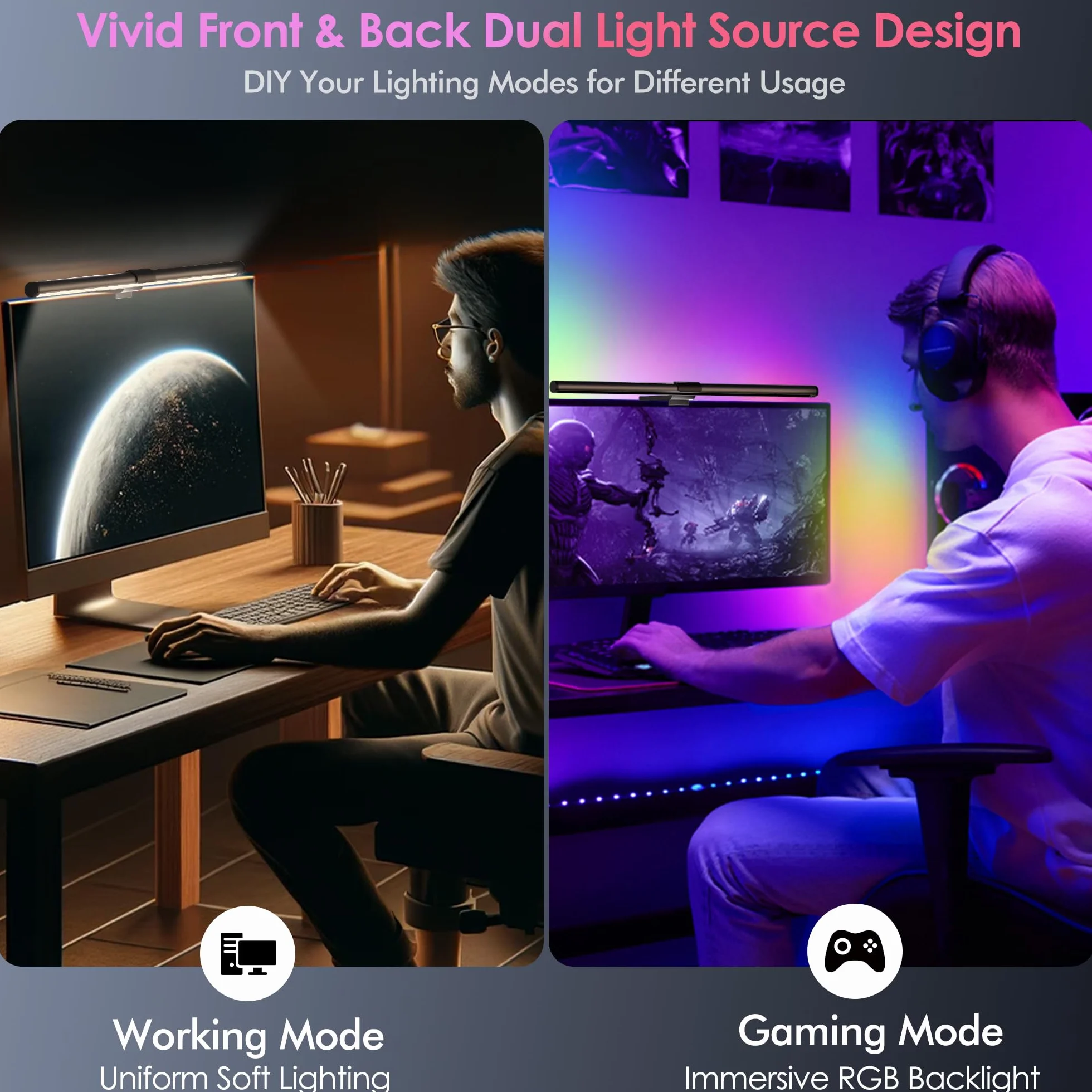 Quntis 51CM Lampade Monitor con Retroilluminazione RGB e Telecomando, 88+56 LEDs Luce Monitor, Barra Luminosa, Light Bar per PC, Accessori Gaming, Regalo Compleanno Uomo