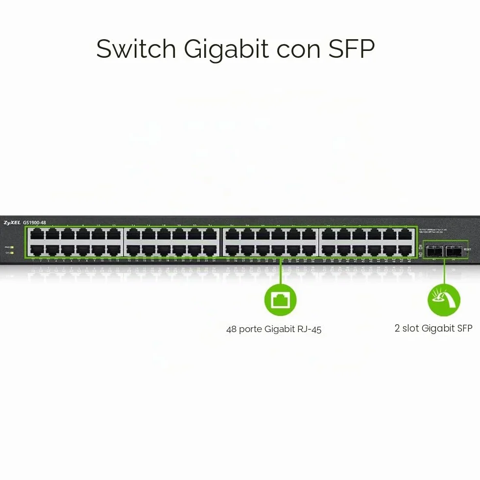 Zyxel 48-porte Gigabit Switch | Gestione Smart | Montaggio in rack con 2 porte SFP | VLAN, IGMP, QoS | Garanzia a vita [GS1900-48]