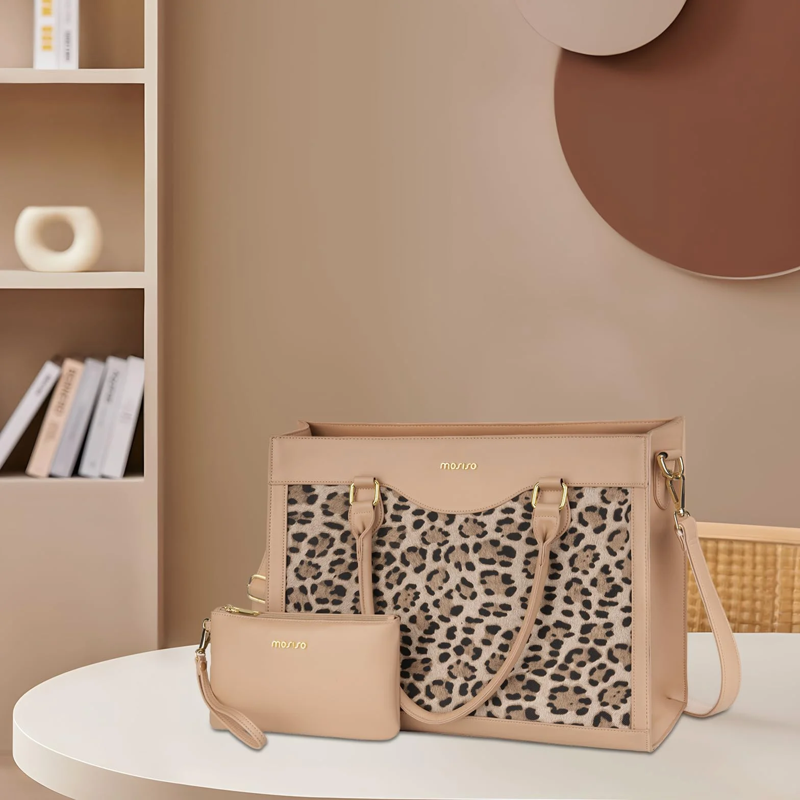 MOSISO 15,6 Pollici Borsa Tote Laptop con Grande Capacita, Custodia Laptop Pelle PU con Grana Leopardata Donna e Pochette, Borsa Computer Impermeabile, Valigetta Lavoro Ufficio, Albicocca