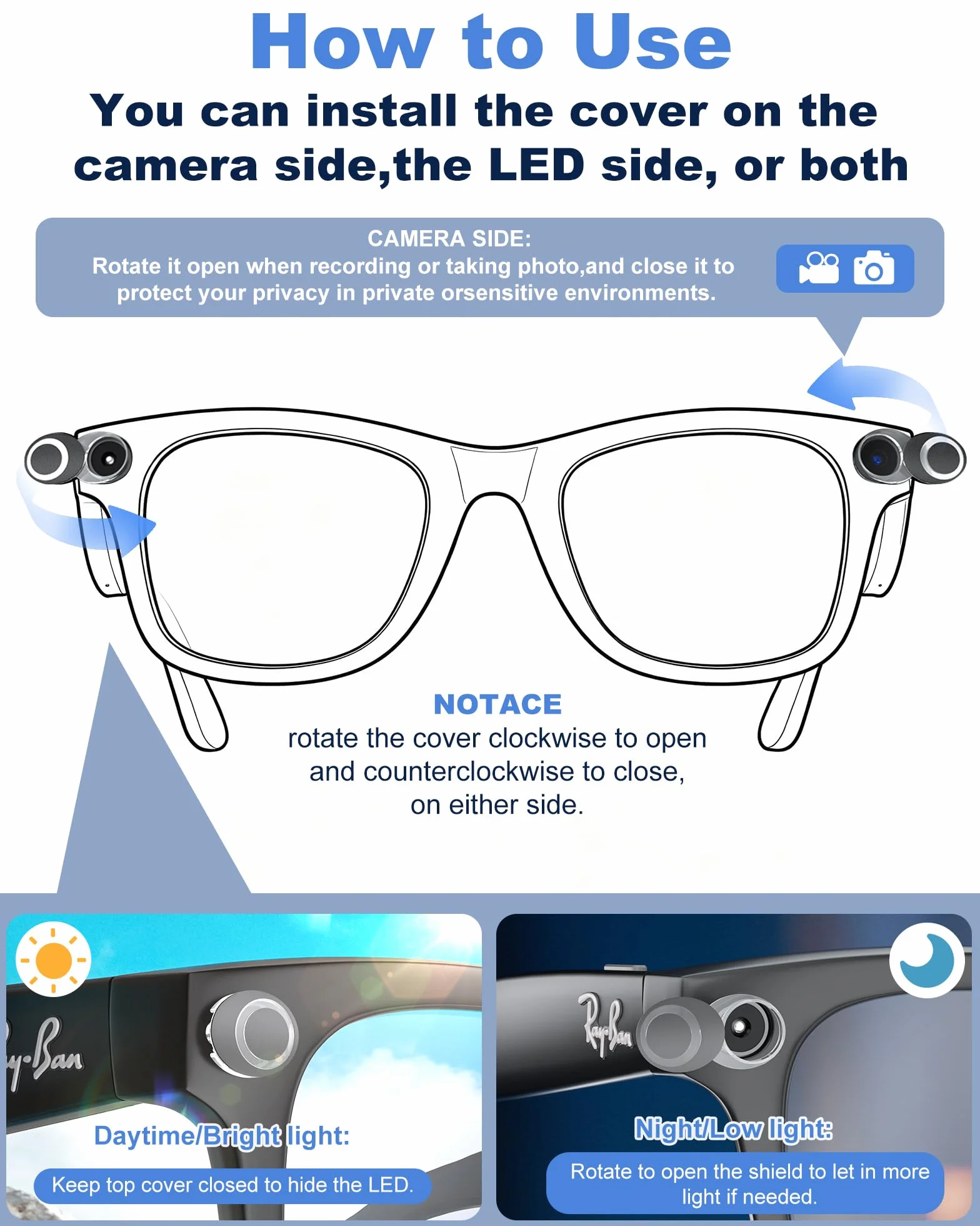 Rotating LED Light Blocker Cover for Meta Glasses