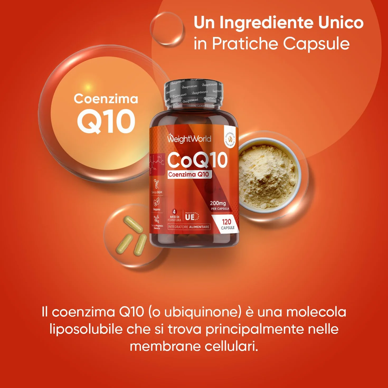 Coenzima Q10 Vegano 200mg 120 Capsule Integratore CoQ10 Ubiquinone Prodotto in Europa