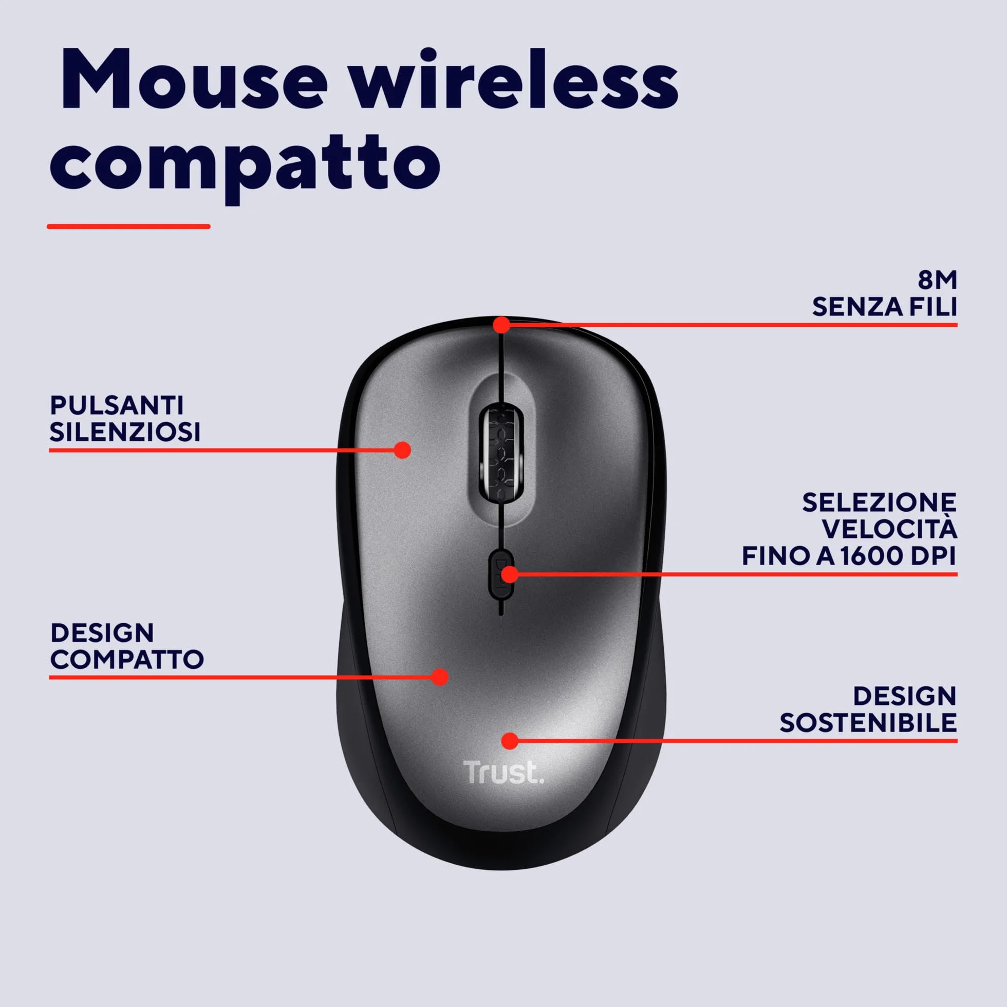 Trust Mouse Wireless Silenzioso 800-1600 DPI Microricevitore USB Compatto per PC Laptop Mac