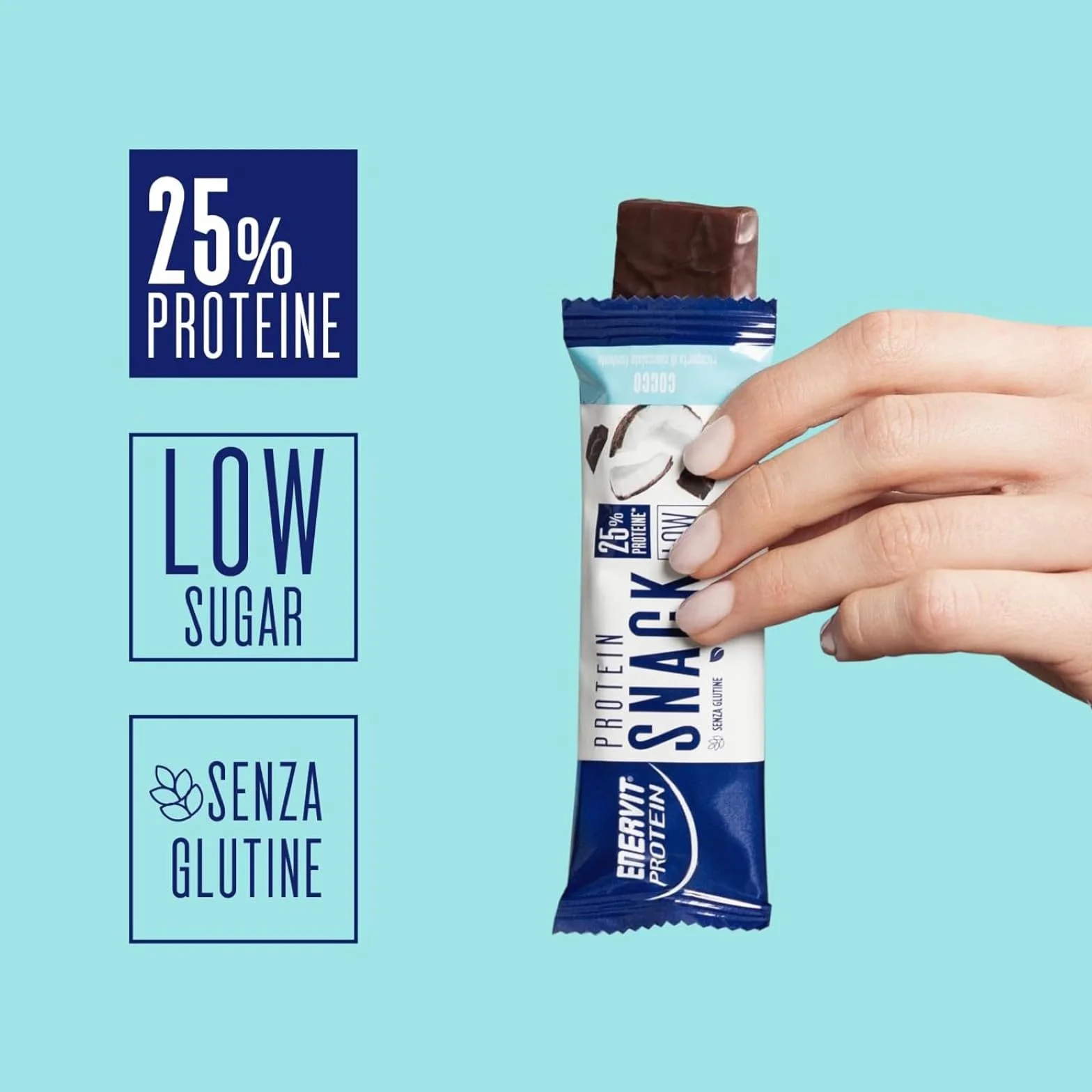 Enervit Protein Snack al Cocco e Cioccolato Fondente, Barrette Proteiche Low Sugar, 8 x 27g