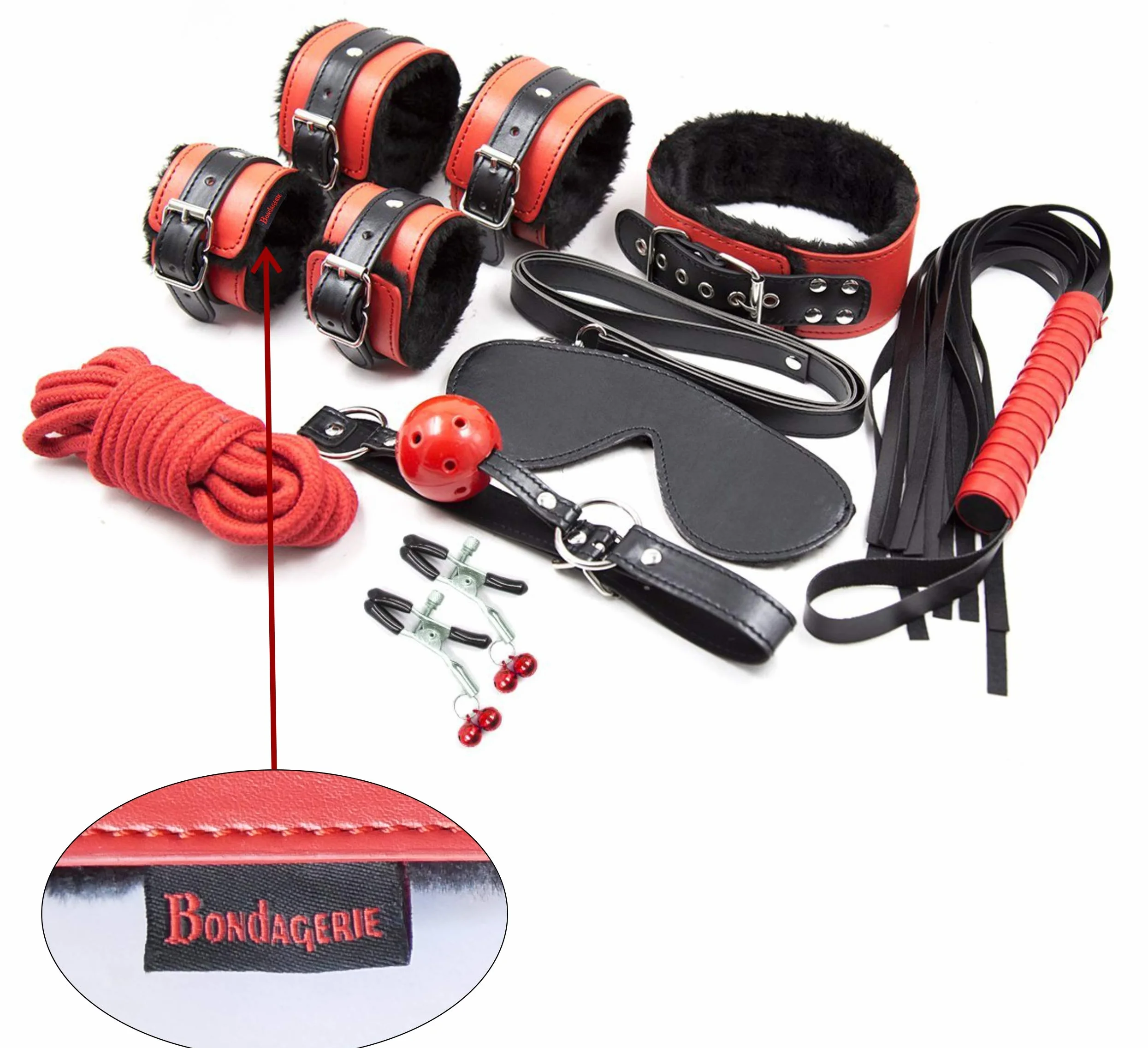 BONDAGERIE® Kit Accessori Coppia Manette Cavigliere Corda Collare Guinzaglio Sacco Raso