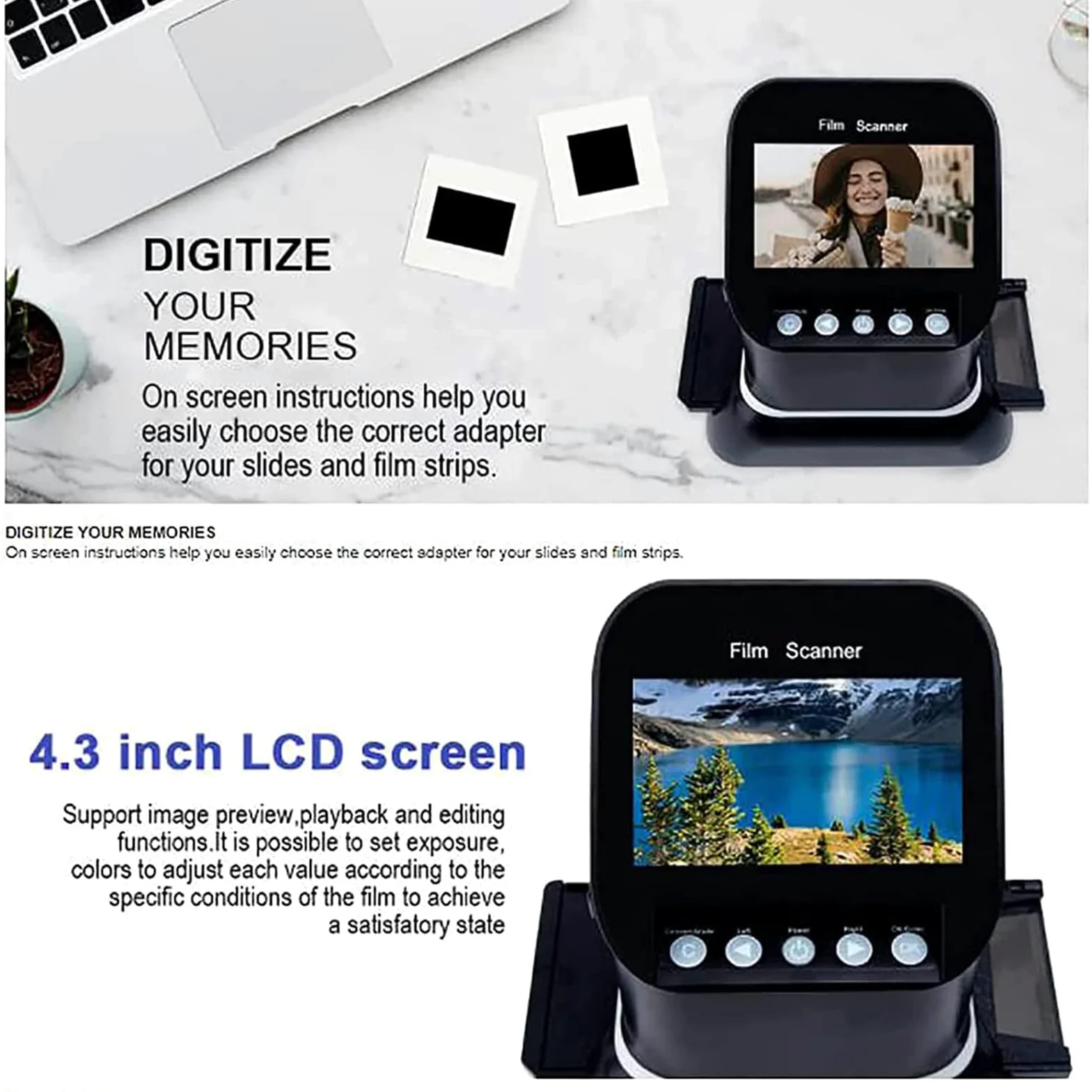Scanner per pellicole ad alta risoluzione, converte 35 mm, 126, 127 negativi e diapositive in formato JPEG digitale, funzioni di anteprima dell'immagine 1080p, riproduzione e modifica