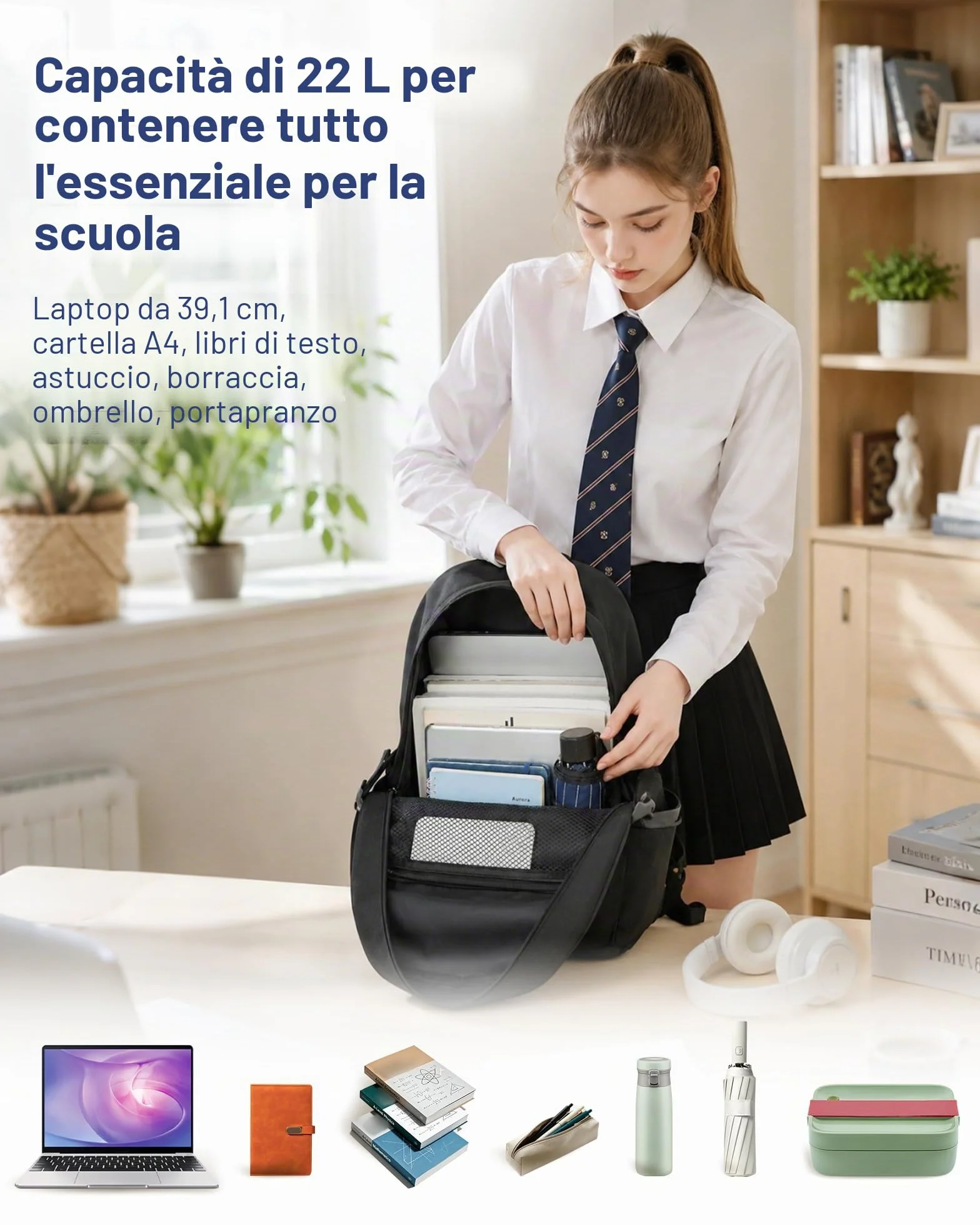 KONO Zaino Scuola, Zaino Uomo Donna Porta PC 15.4 Pollici, Zaino Università Lavoro, Zaino Casual Leggero per Viaggio e Tempo Libero (Nero)