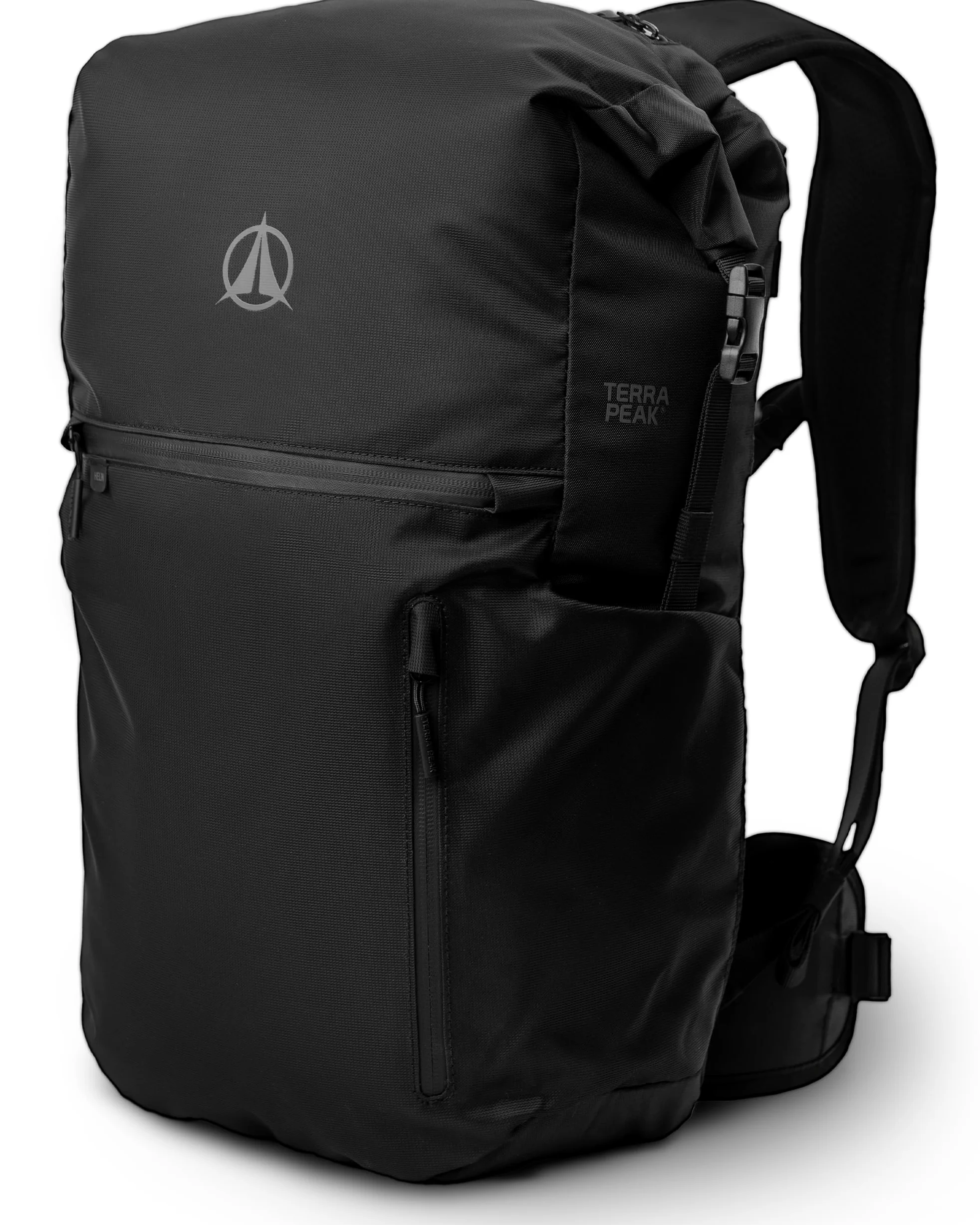 Terra Peak® Zaino Rolltop 20-25 litri (46x26x17cm) donna e uomo (HELIN) nero - Zaino da viaggio (per il bagaglio a mano) e giorno con scomparto per laptop (15 pollici) - Daypack e Backpack ergonomico