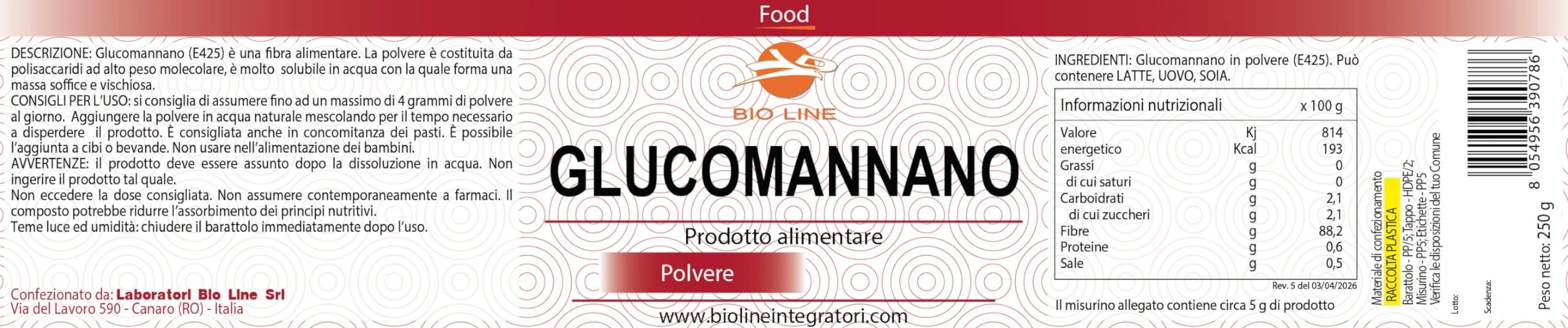 Glucomannano Puro 100% Fibra Alimentare in Polvere Solubile Senso di Sazietà