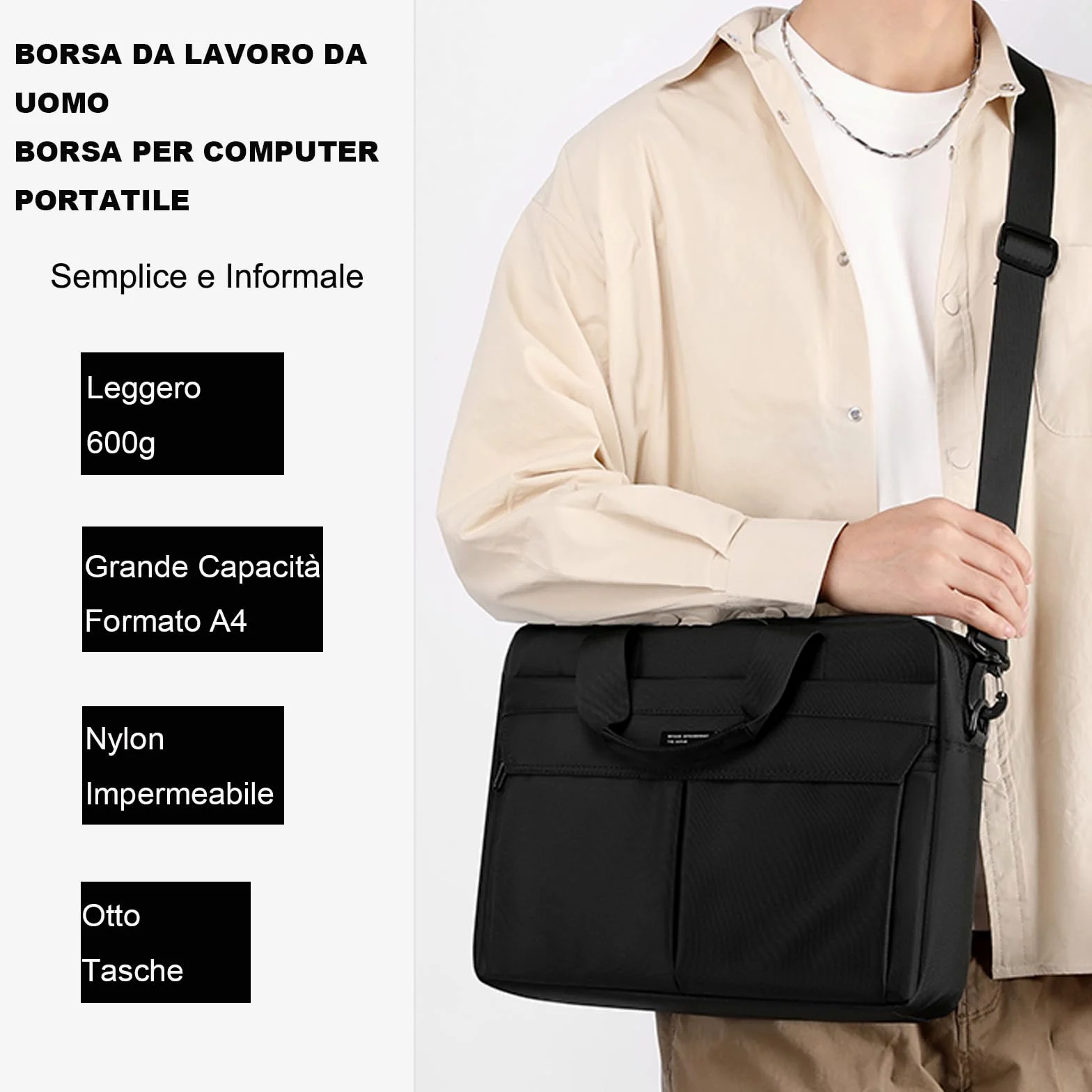 zhongningyifeng Borsa a tracolla per computer portatile da 14 pollici, in nylon leggero, impermeabile, per lavoro, studio, viaggio