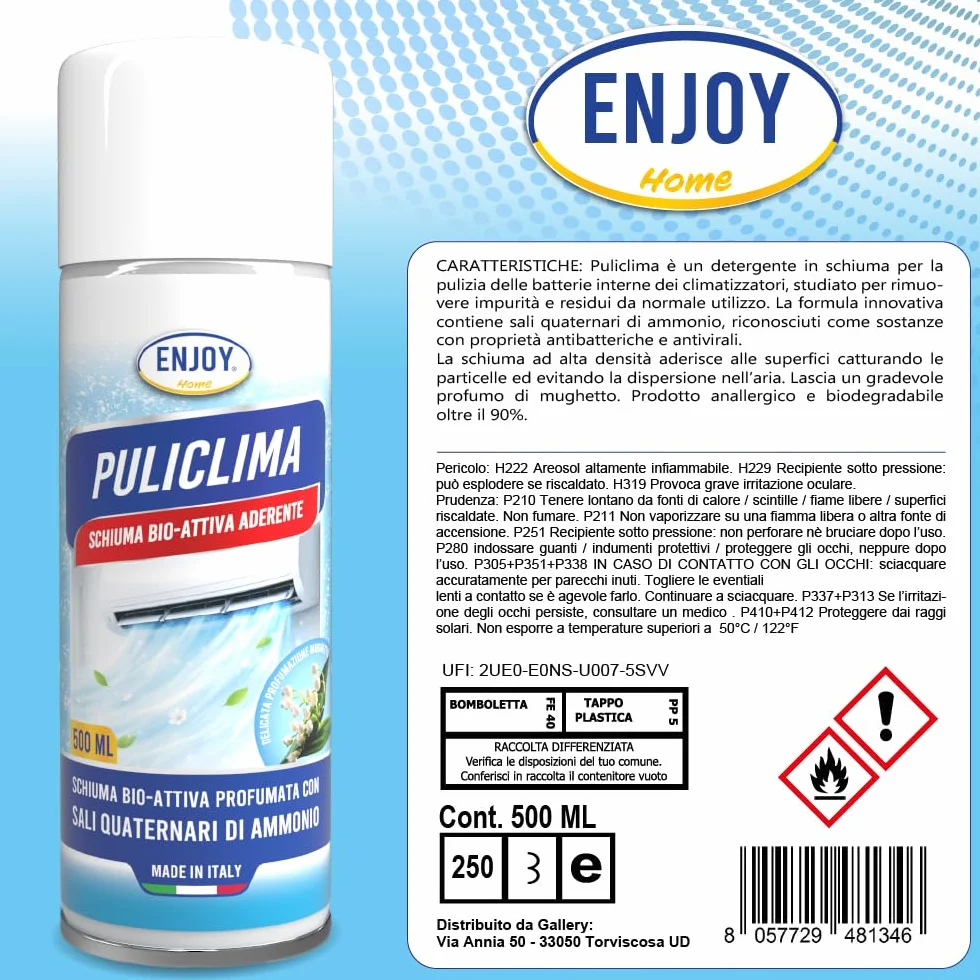 ENJOY HOME PULICLIMA Igienizzante Condizionatori Spray 500ml - Schiuma Attiva ai Sali Quaternari di Ammonio per Split e Filtri - Pulitore Professionale Antibatterico al Profumo di Mughetto