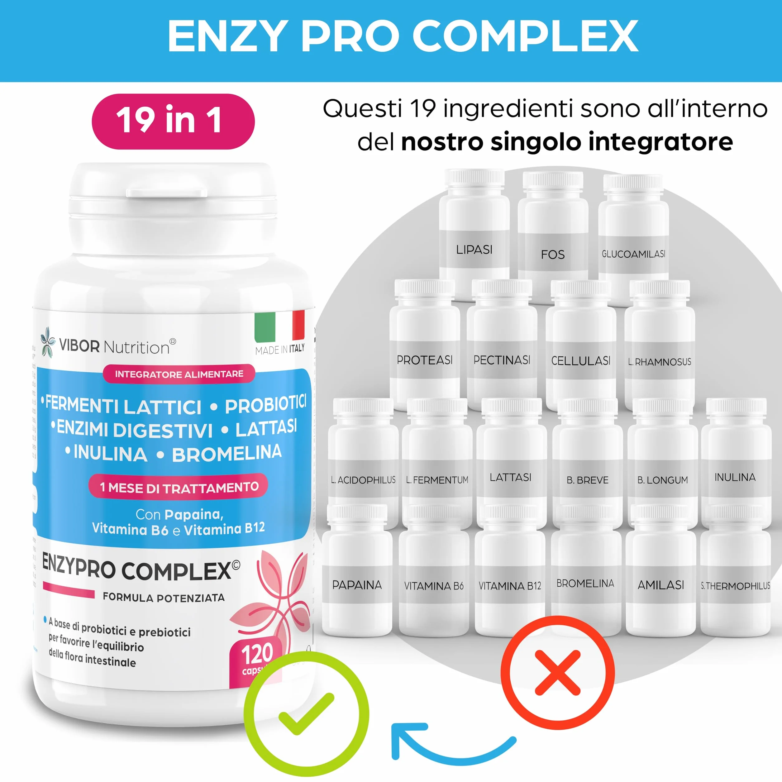 Vibor 120 Cps Enzypro Complex 3 in 1, Fermenti Lattici Probiotici E Prebiotici Per Intestino + Enzimi Digestivi Bromelina Plus Forte Drenante, Lattasi, Inulina, Riduce Il Gonfiore Addominale, Per Adulti