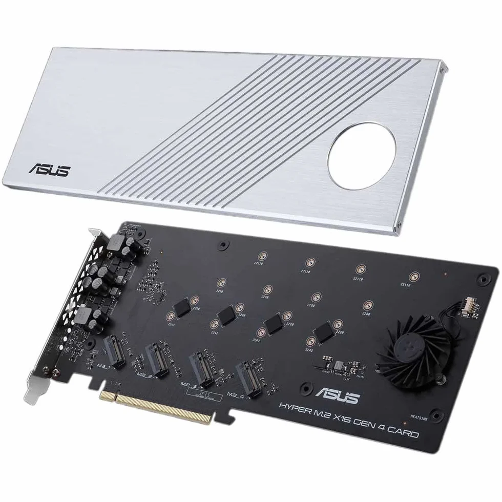 ASUS Hyper M.2 x16 Gen 4 (PCIe 4.0/3.0) Supporta 4X dispositivi NVMe M.2 (2242/2260/2280/22110) Fino a 256 Gbps per AMD TRX40 / X570 PCIe 4.0 NVMe Raid e Piattaforma Intel® Raid- funzioni su CPU