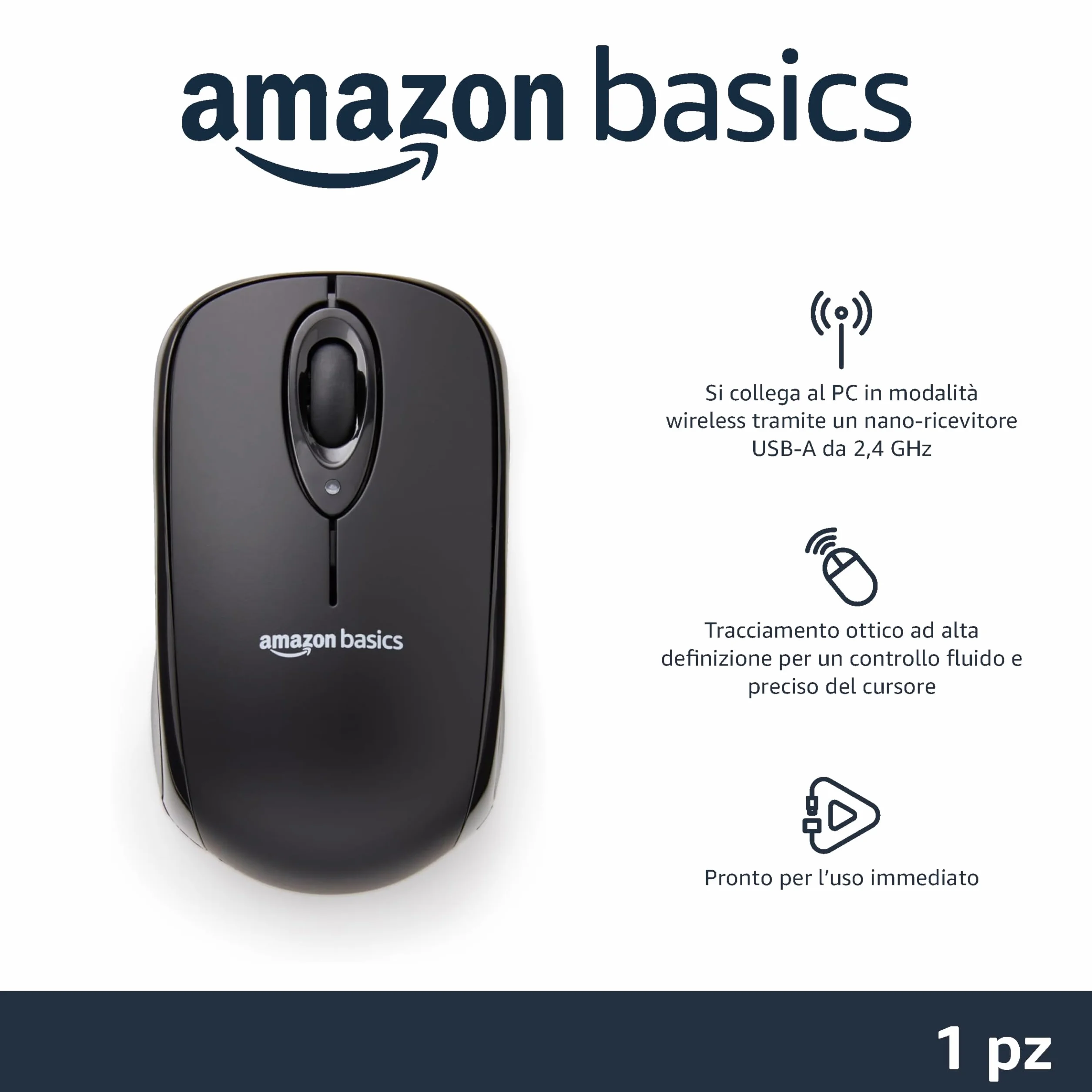 Amazon Basics Mysz Bezprzewodowa do Komputera z Mikroodbiornikiem, Czarna