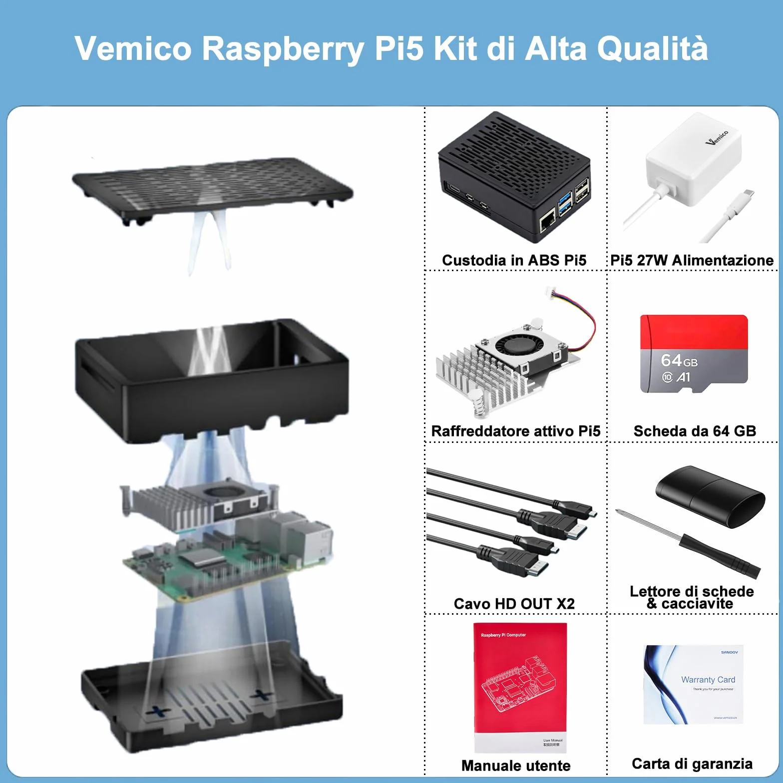Vemico Raspberry Pi 5 16 GB Starter Kit con scheda 64GB, alloggiamento raffreddamento attivo, alimentatore 5,1V 5A, cavo 4K HD, lettore di schede