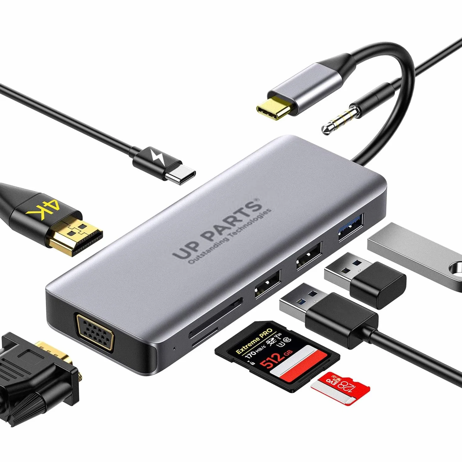 Hub USBC, Docking Station,UP-DS-9866T, 9 in 1,Porta Alimentazione USB C 100W, HDMI 4K, VGA, 1 porta USB3, 2 Porte USB2, Card Reader, Audio 3.5mm, Azienda Italiana