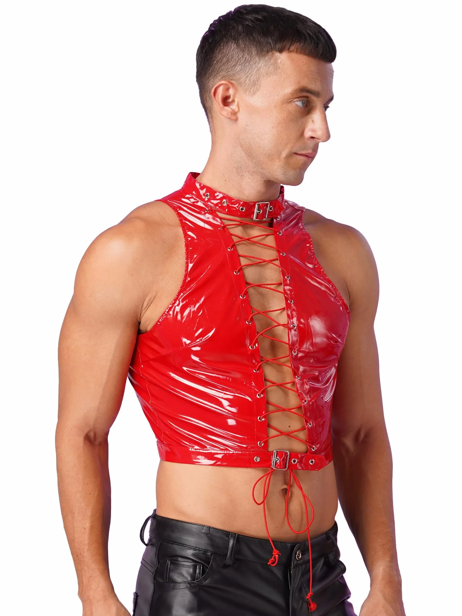 FEESHOW Pelle Laccata Camicia Senza Maniche Wetlook Maglia Muscolare Crop Top Party Club