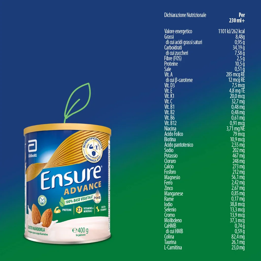 Integratore in polvere Proteine Vegetali 27 Vitamine Minerali Calcio HMB 400g Gusto Mandorla