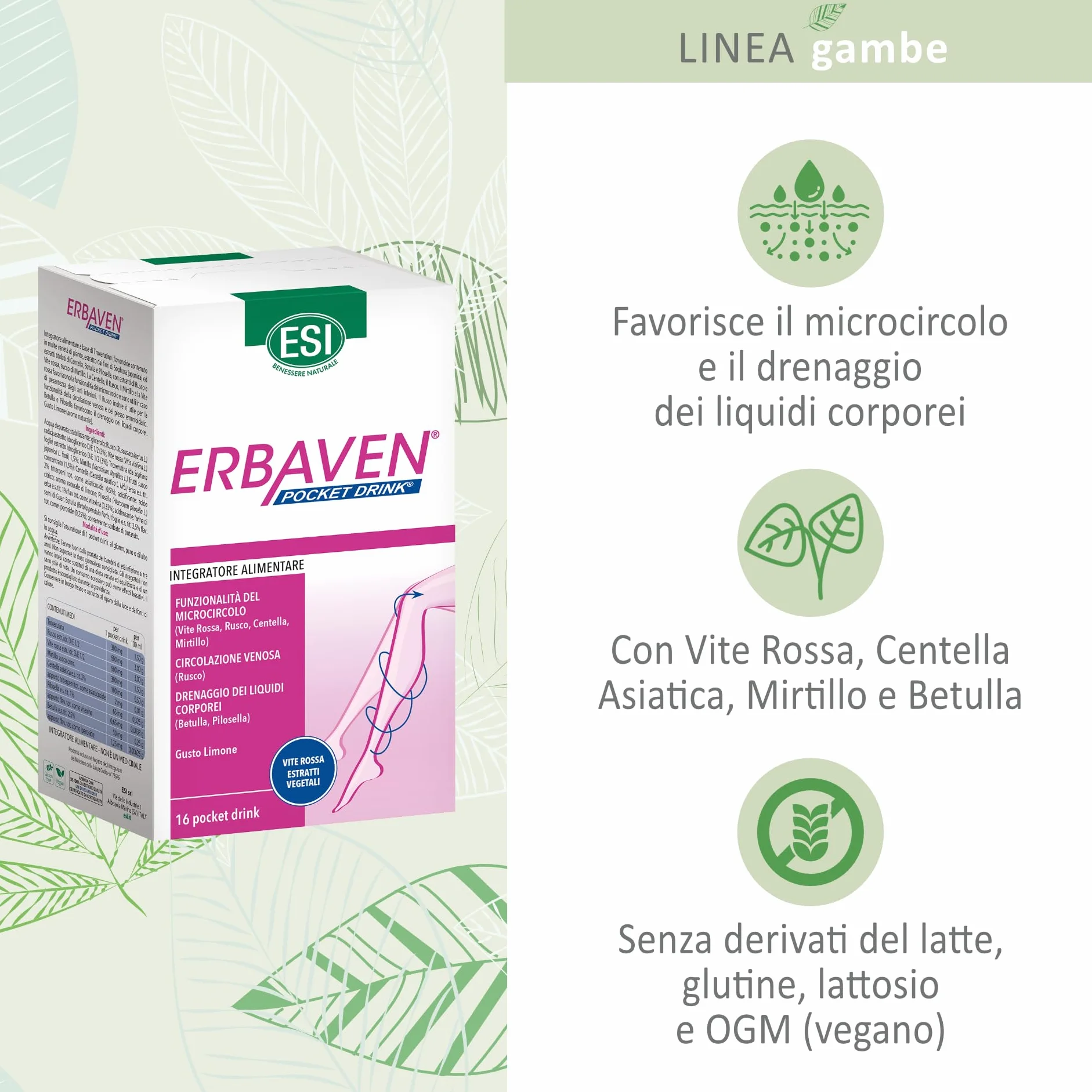 ESI Erbaven Integratore Alimentare Vite Rossa Centella Asiatica Betulla Microcircolo Drenaggio Liquidi Gusto Limone Senza Glutine Vegano 16 Pocket Drink