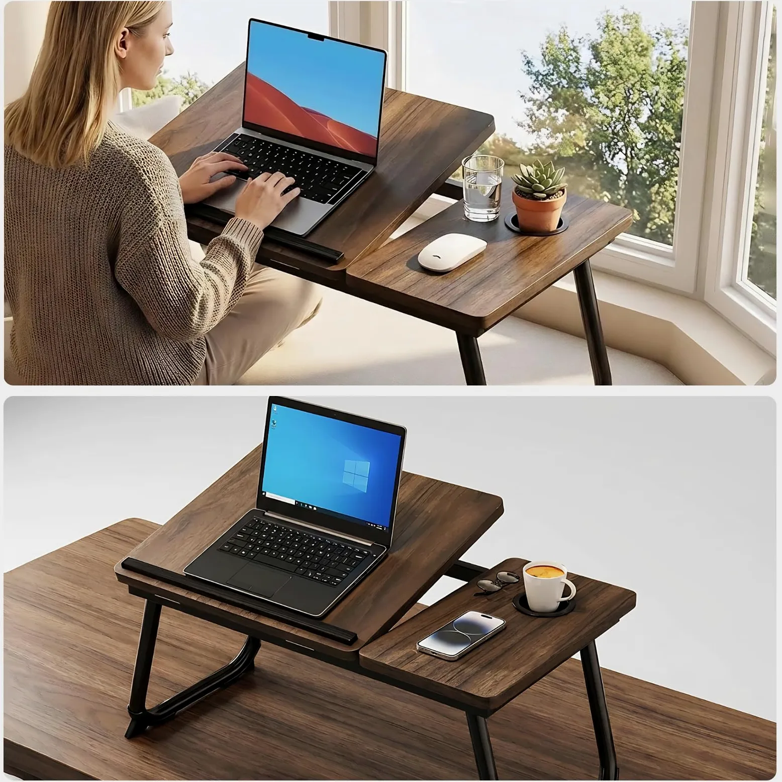 Tavolo per computer portatile da letto, pieghevole, tavolo da letto per laptop, tavolo per notebook, vassoio da letto, vassoio per la colazione, tavolo da letto pieghevole, lapdesk, marrone