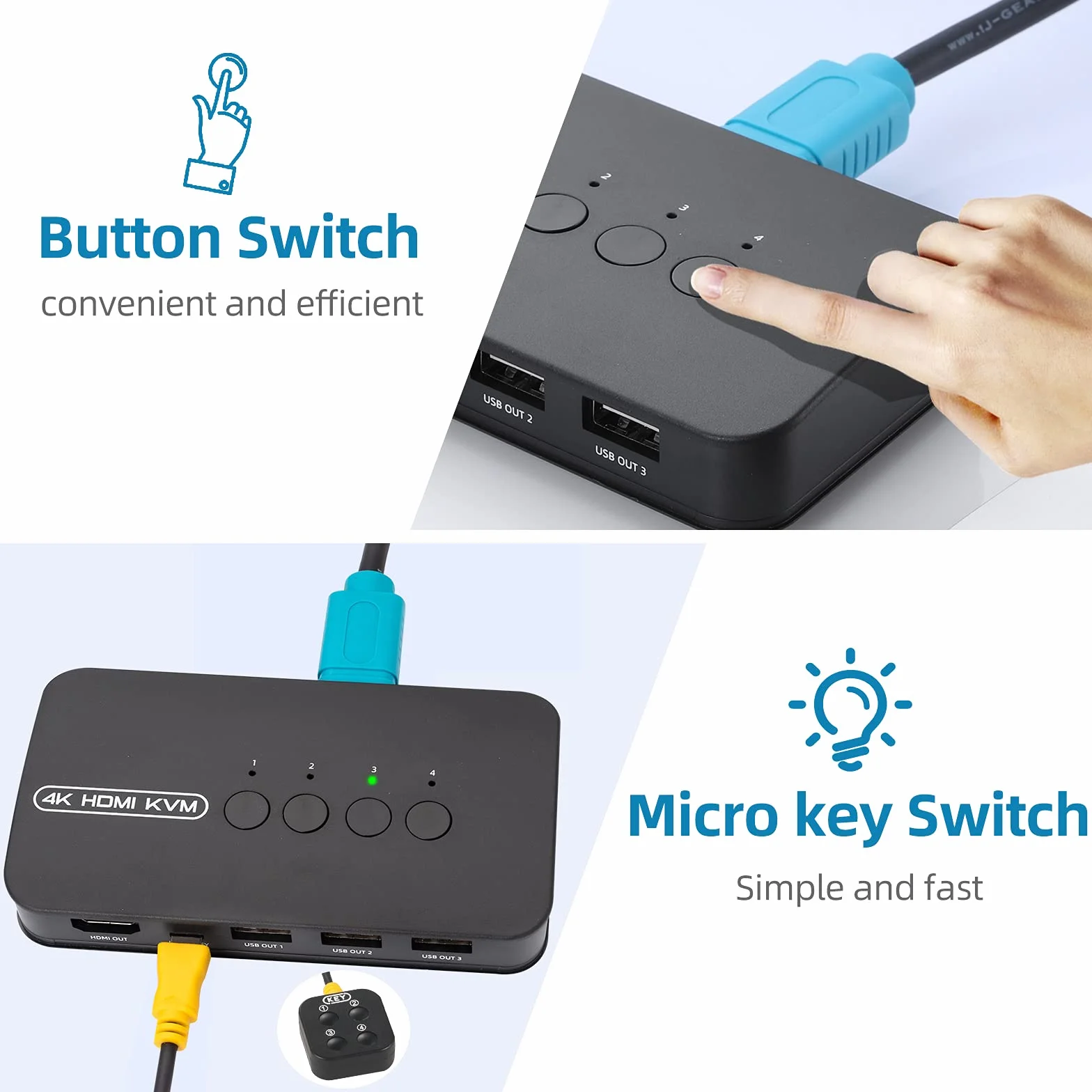 4 Porte HDMI KVM Switch USB Commutatore per 4 PC con Mouse, Tastiera, Hard Drive, Stampante, Scanner, 4 Cavi KVM