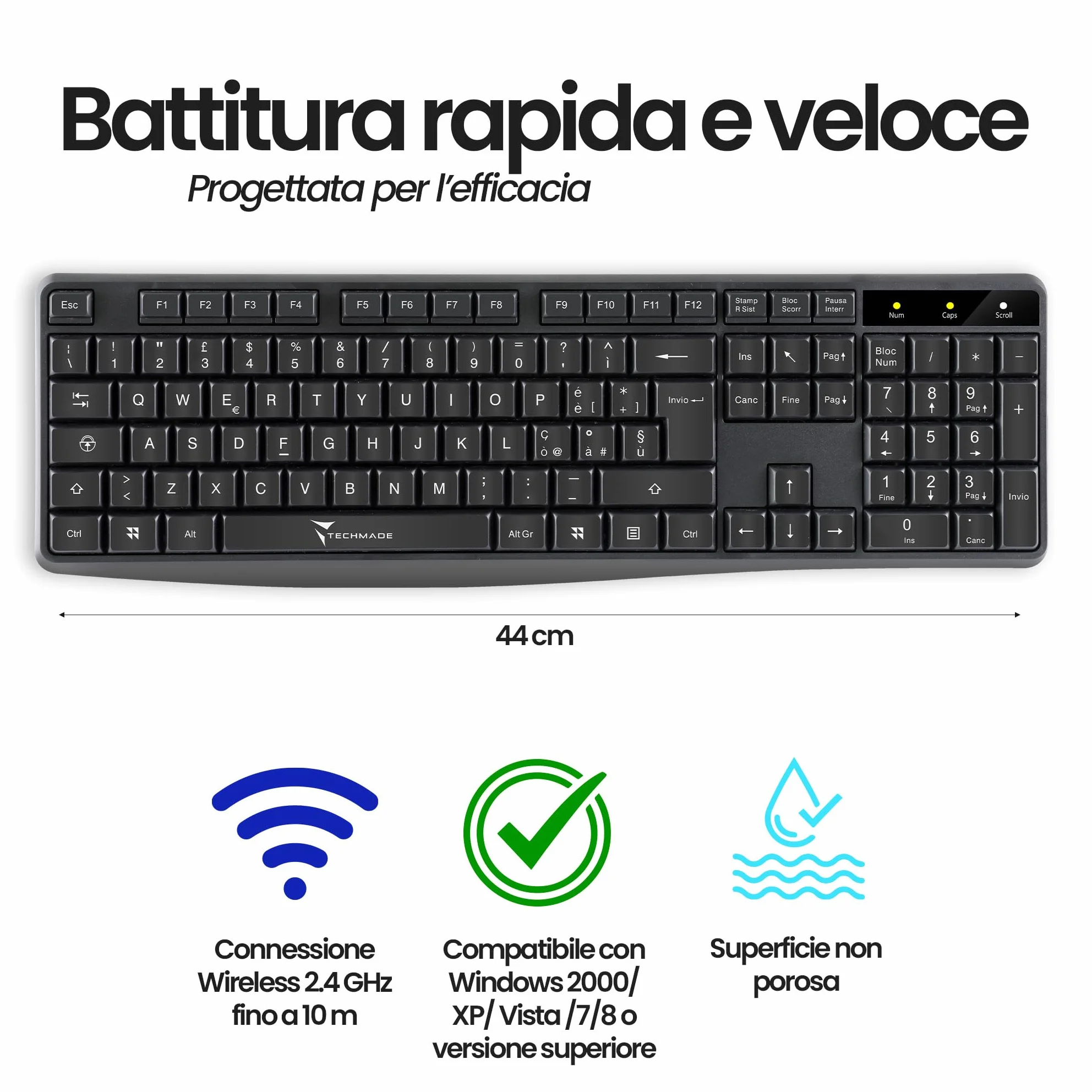 Techmade KM001 Kit Combo Tastiera e Mouse Wireless per Windows e Mac | Mouse Wireless | Tastiera Dimensioni Standard | Tastierino | Ricevitore USB Unico per PC e Laptop | Layout Italiano QWERTY
