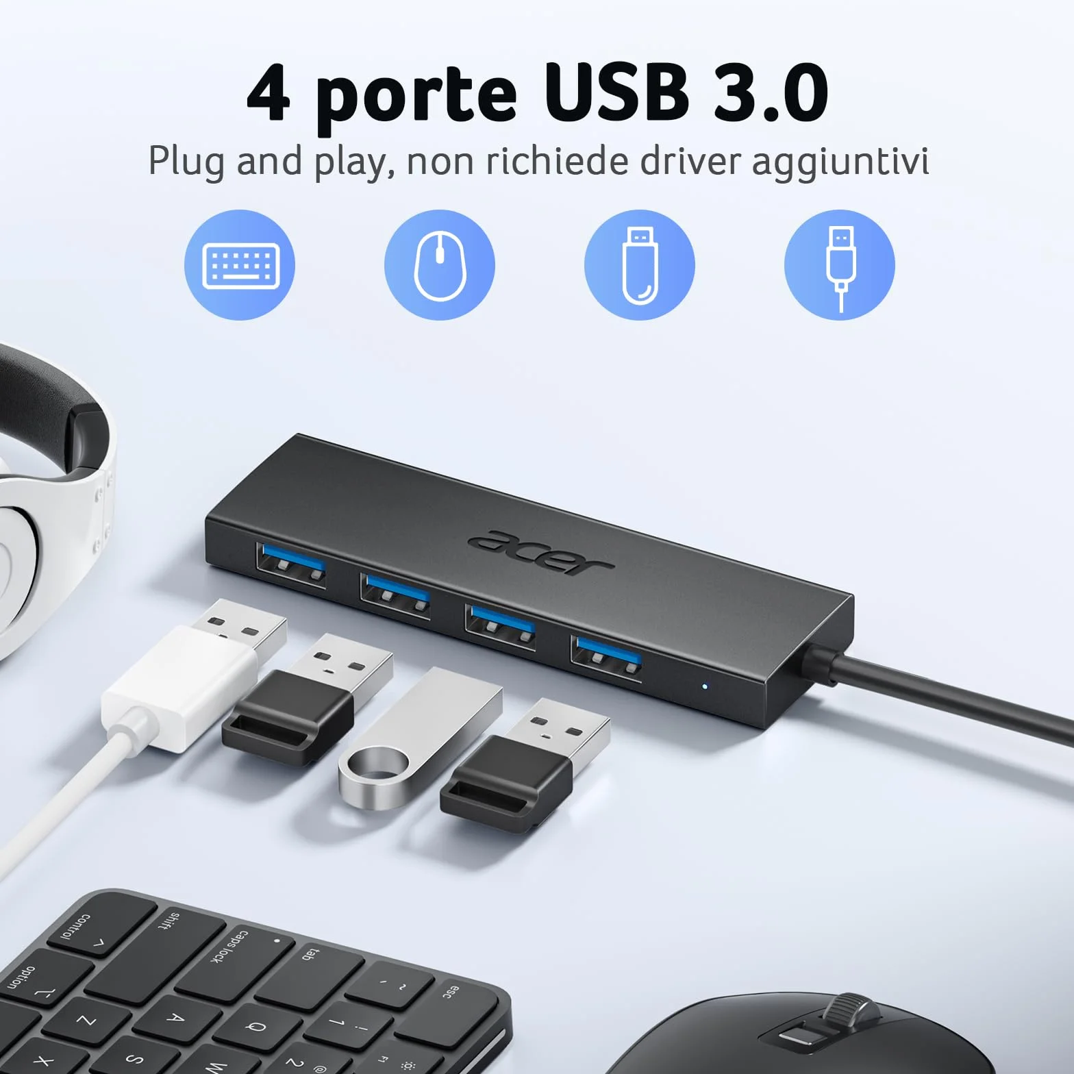 Acer Hub USB 3.0 5 Porte 5Gbps Sdoppiatore Multi USB Adattatore Alta Velocità