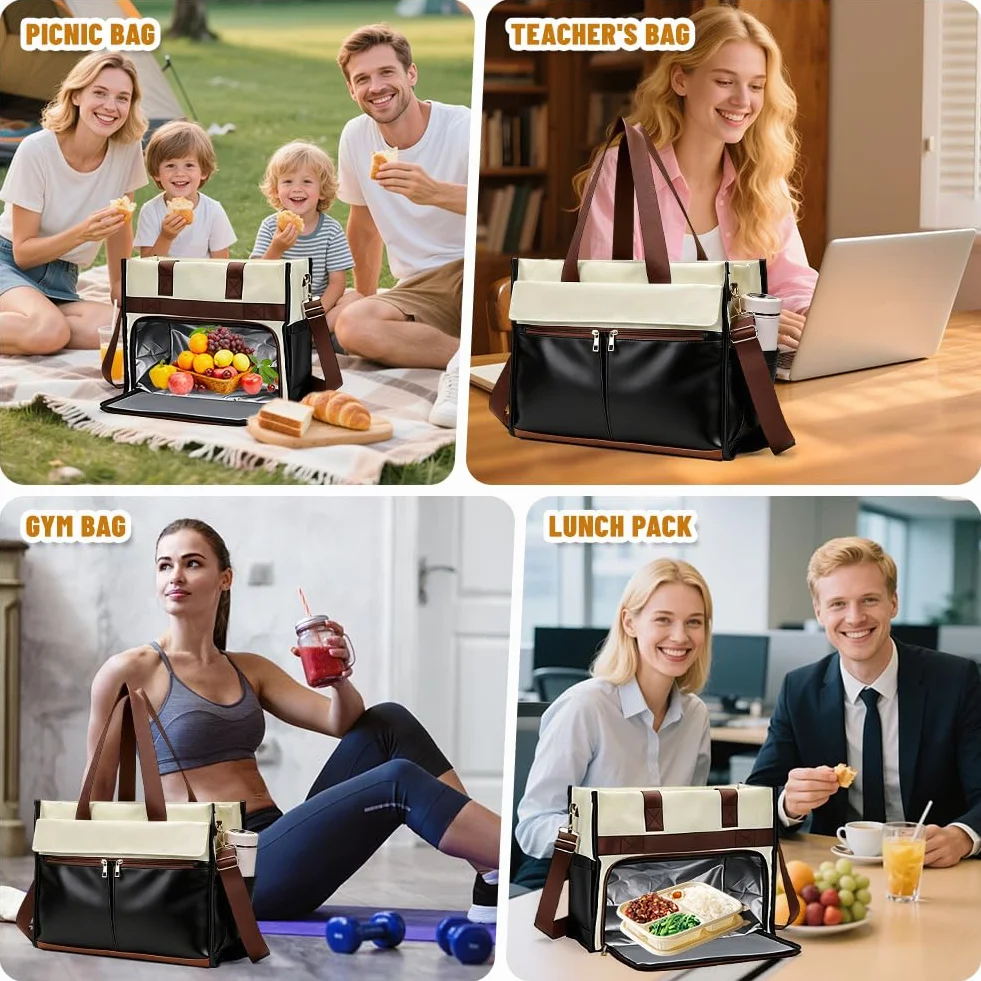 Newou - Borsa per il pranzo da donna, 15,6 pollici, con scomparto per il pranzo isolato, 2 in 1, con scomparto frigorifero, impermeabile, per ufficio, scuola, insegnante, regalo (bianco e nero