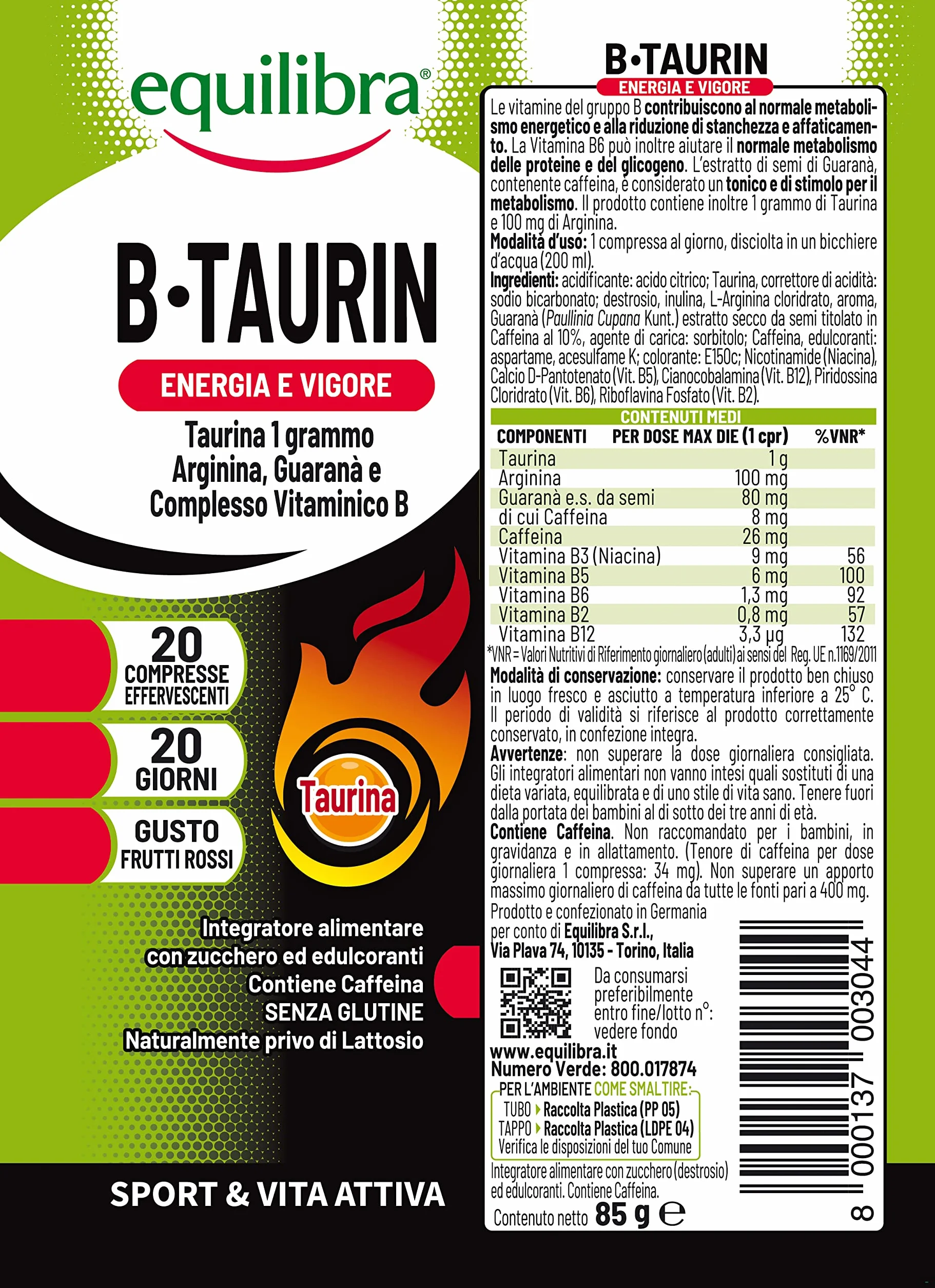 Equilibra B-Taurin Integratore Energia Istantanea Metabolismo Taurina Arginina Guaranà Vitamine B 60 Compresse Effervescenti