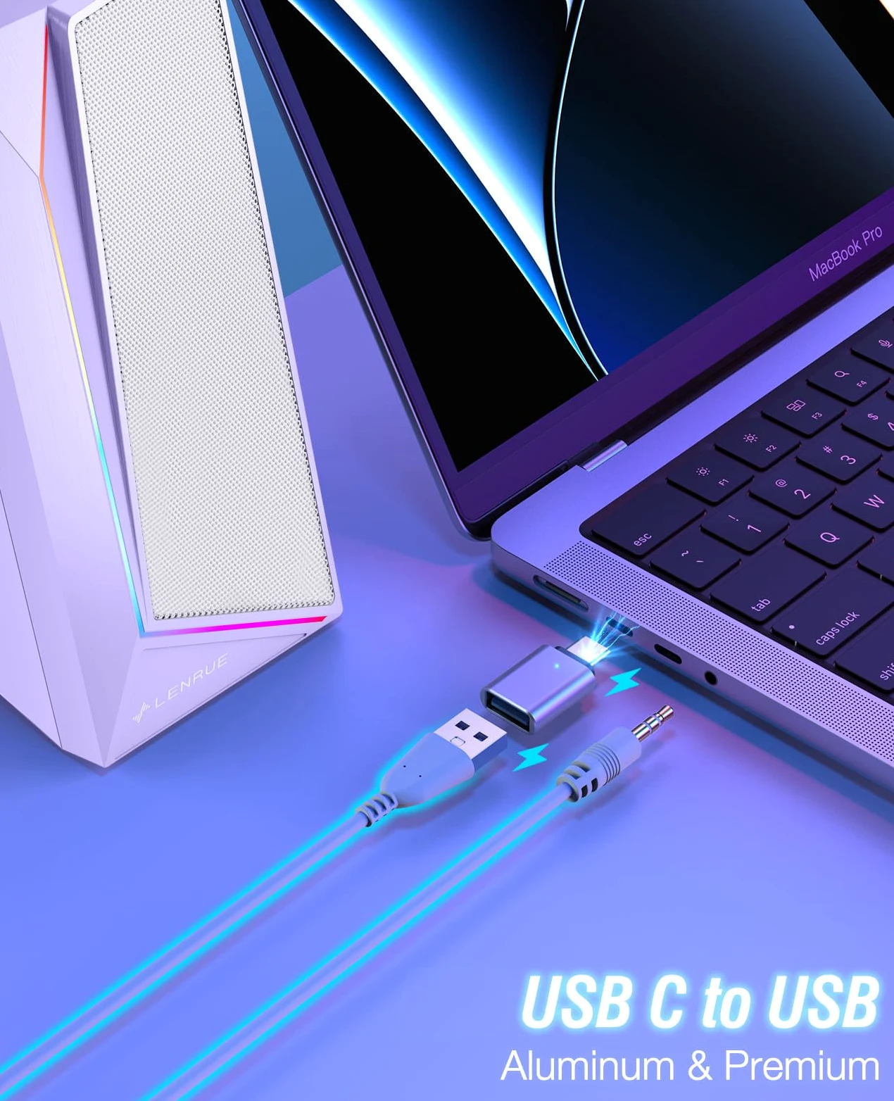 LENRUE Altoparlanti per computer, audio AUX alimentato tramite USB/USB-C per altoparlanti del PC con suono stereo forte, ingresso cuffie, luci touch per desktop, computer, laptop, scrivania