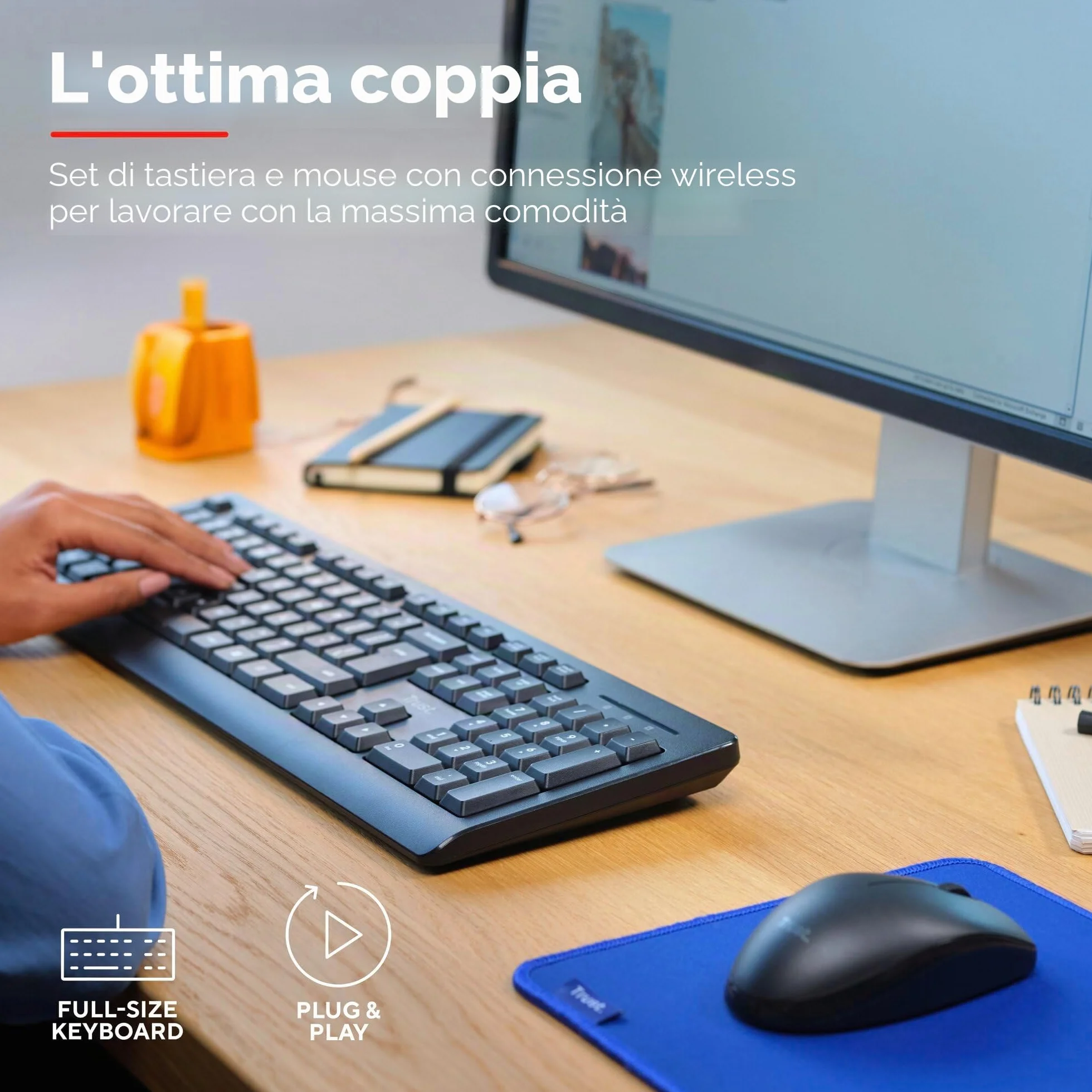 Trust Primo, set di mouse senza fili, layout tedesco QWERTZ, tasti piatti, resistente agli spruzzi, mouse wireless ambidestro con ricevitore USB, tastiera wireless per PC, computer laptop Mac