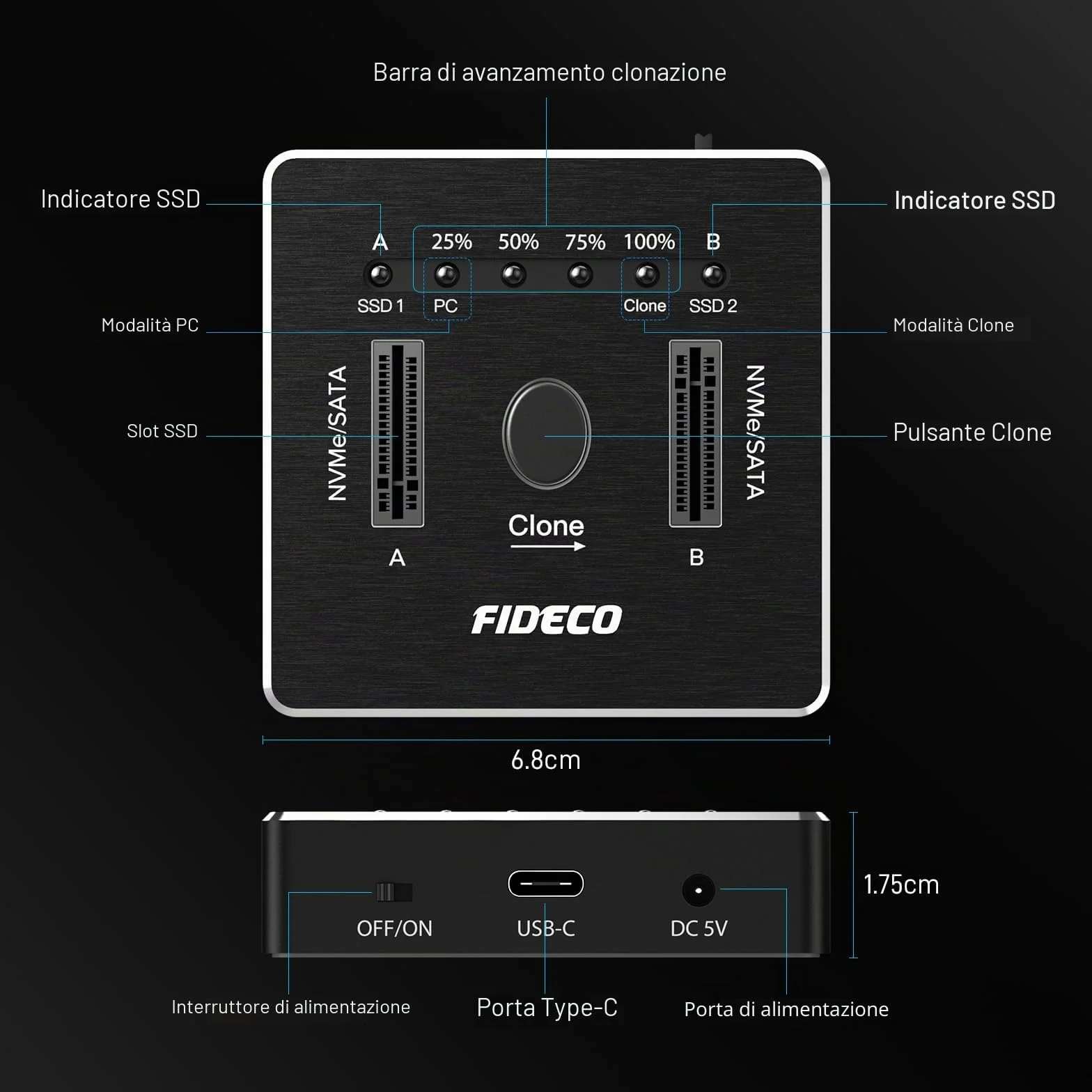 FIDECO M.2 NVMe SATA SSD Enclosure USB 3.2 Gen 2 10Gbps Aluminium Clone Support