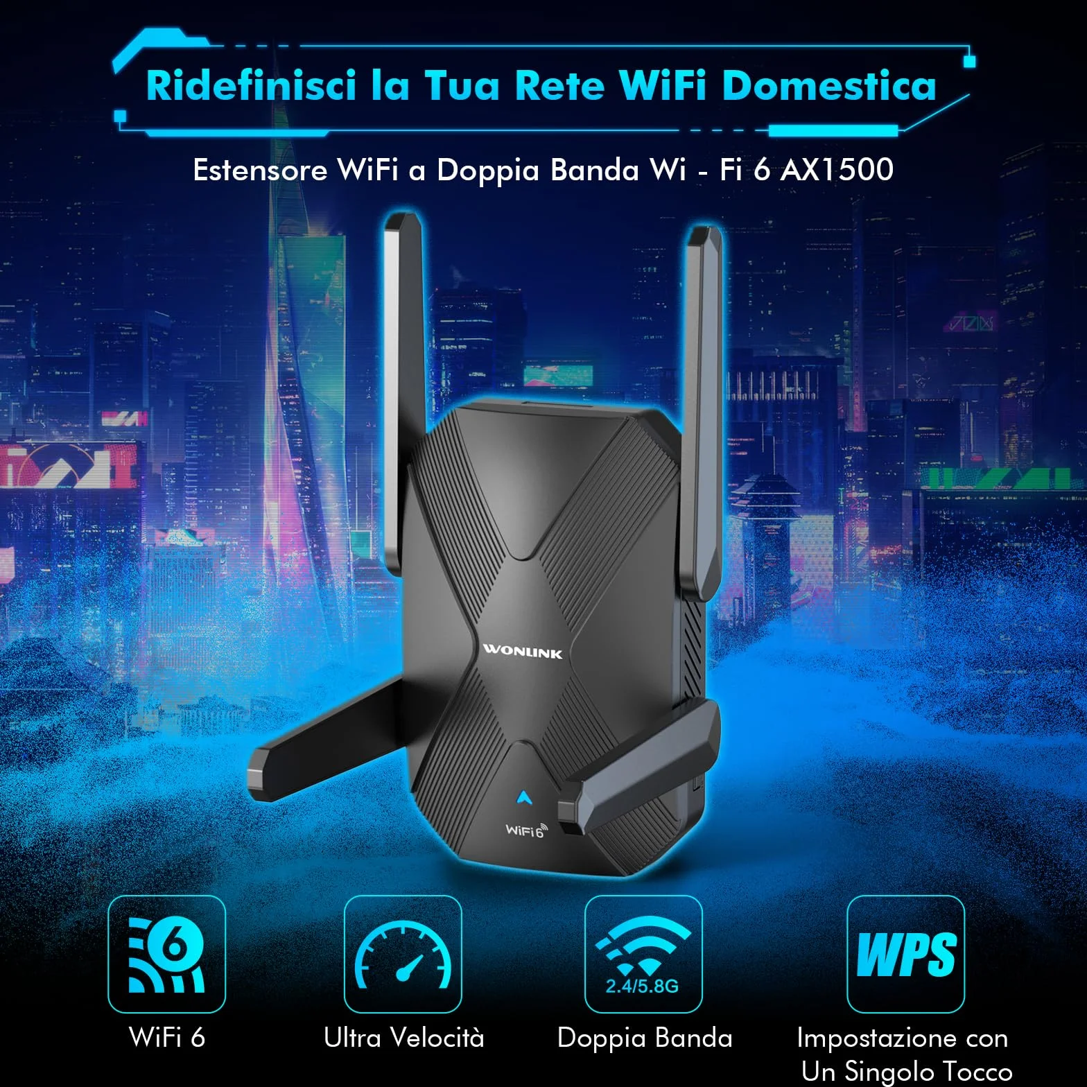 Ripetitore WiFi 6 AX1500Mbps Dual Band, Amplificatore Segnale WiFi con 4 Antenne, Porta LAN/WAN, WPS, MU-MIMO, WPA3, Modalità Ripetitore/Router/AP, Indicatore di Segnale, per Casa e Ufficio