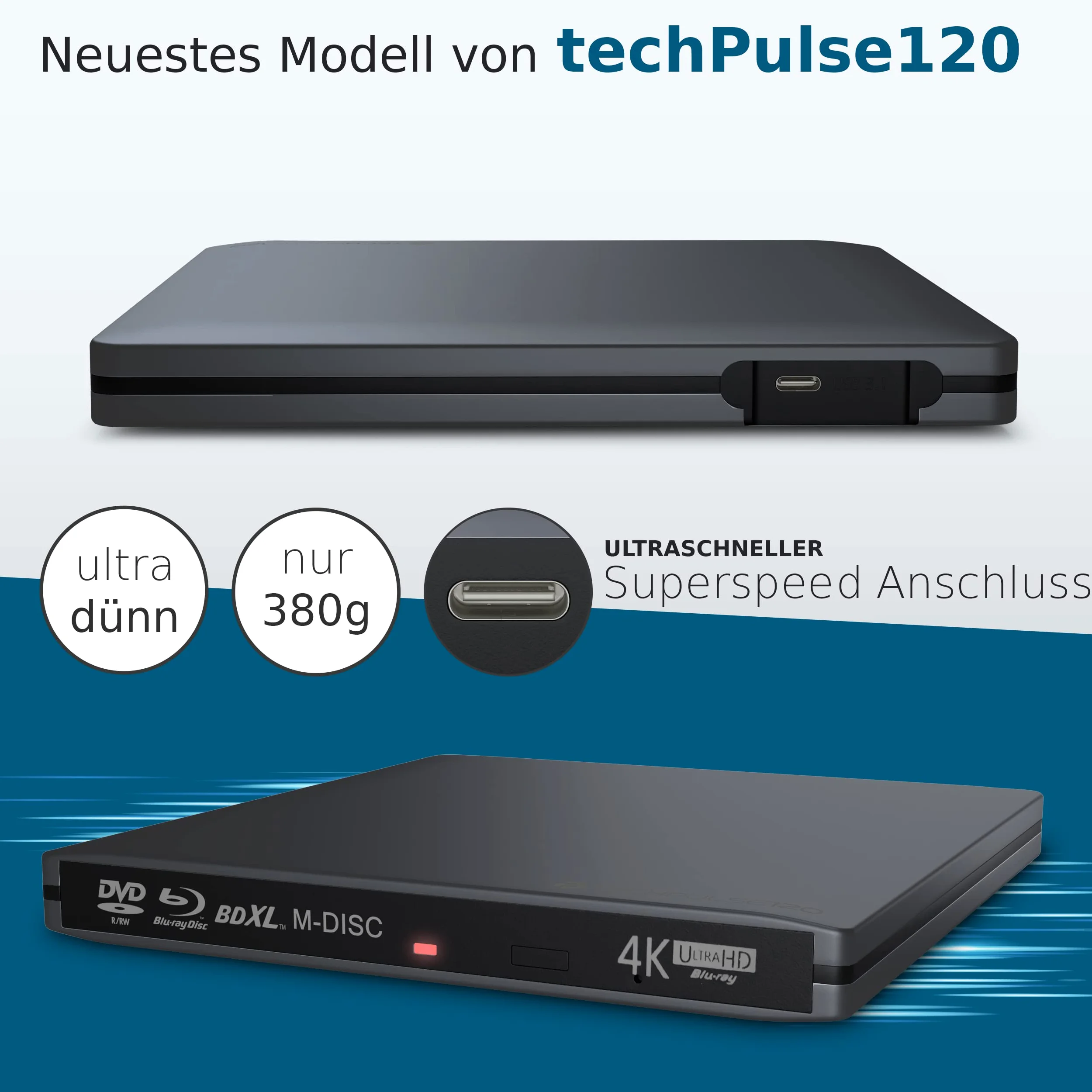 techPulse120 Masterizzatore esterno USB 3.1 Type C UHD HDR 4k 3D MDisc BDXL masterizzatore Blu-Ray Burner Superdrive BD DVD CD Alluminio Grigio