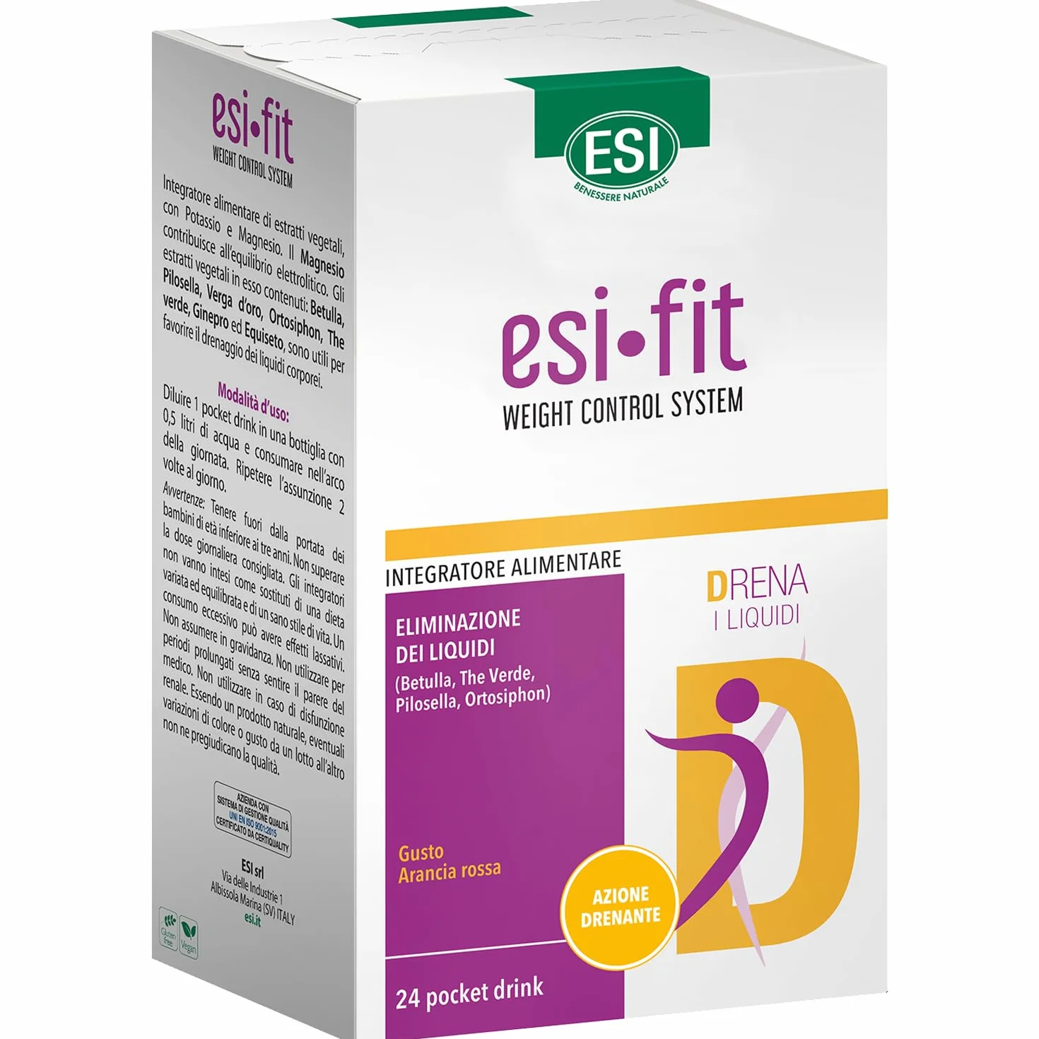 ESI Fit Drena Integratore Alimentare con Pilosella, Tè Verde, Potassio e Magnesio, 24 Pocket Drink