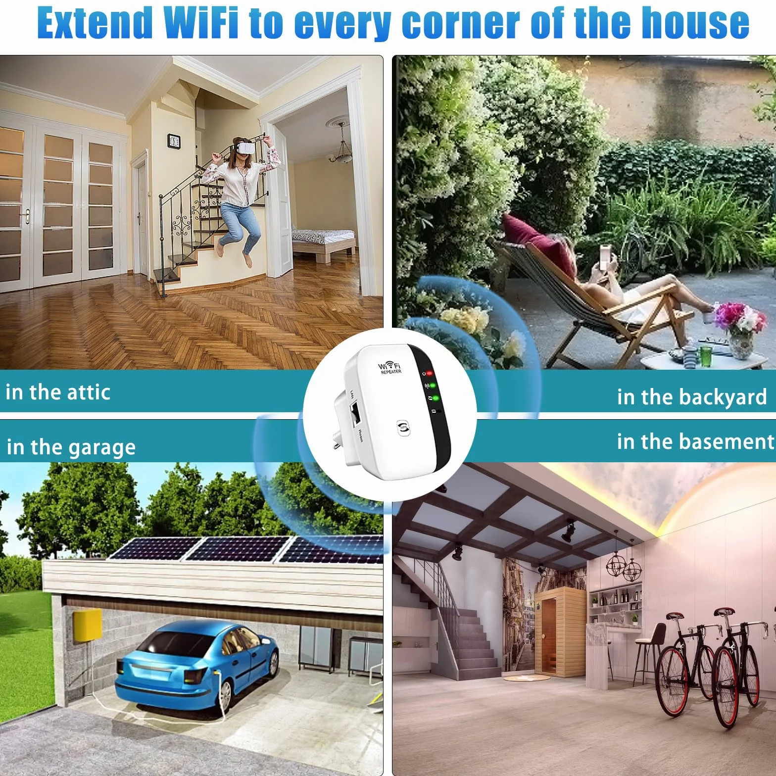 Ripetitore WiFi Potente, 2,4 GHz 300 Mbit/s Amplificatore WiFi con Modalità Ripetitore/Router/AP, Booster Wi-Fi Extender con Connessione Ethernet, Amplificatore Internet Fino a 5000 sq.ft e Tutti
