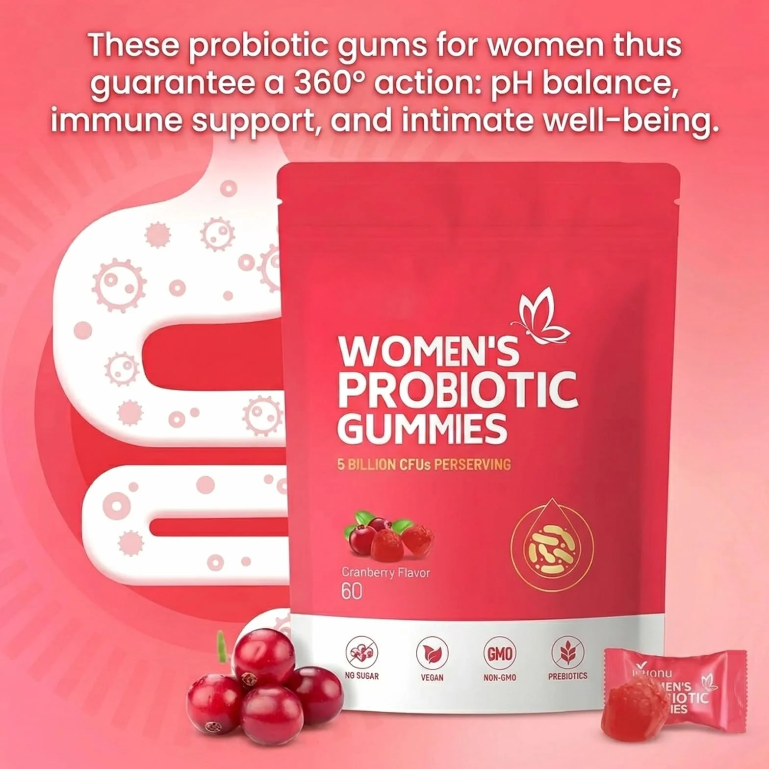Gommose Probiotiche per Donne, Probiotici Donna, Women Probiotic Gummies, Bilanciamento pH, Lievito, Salute Immunitaria