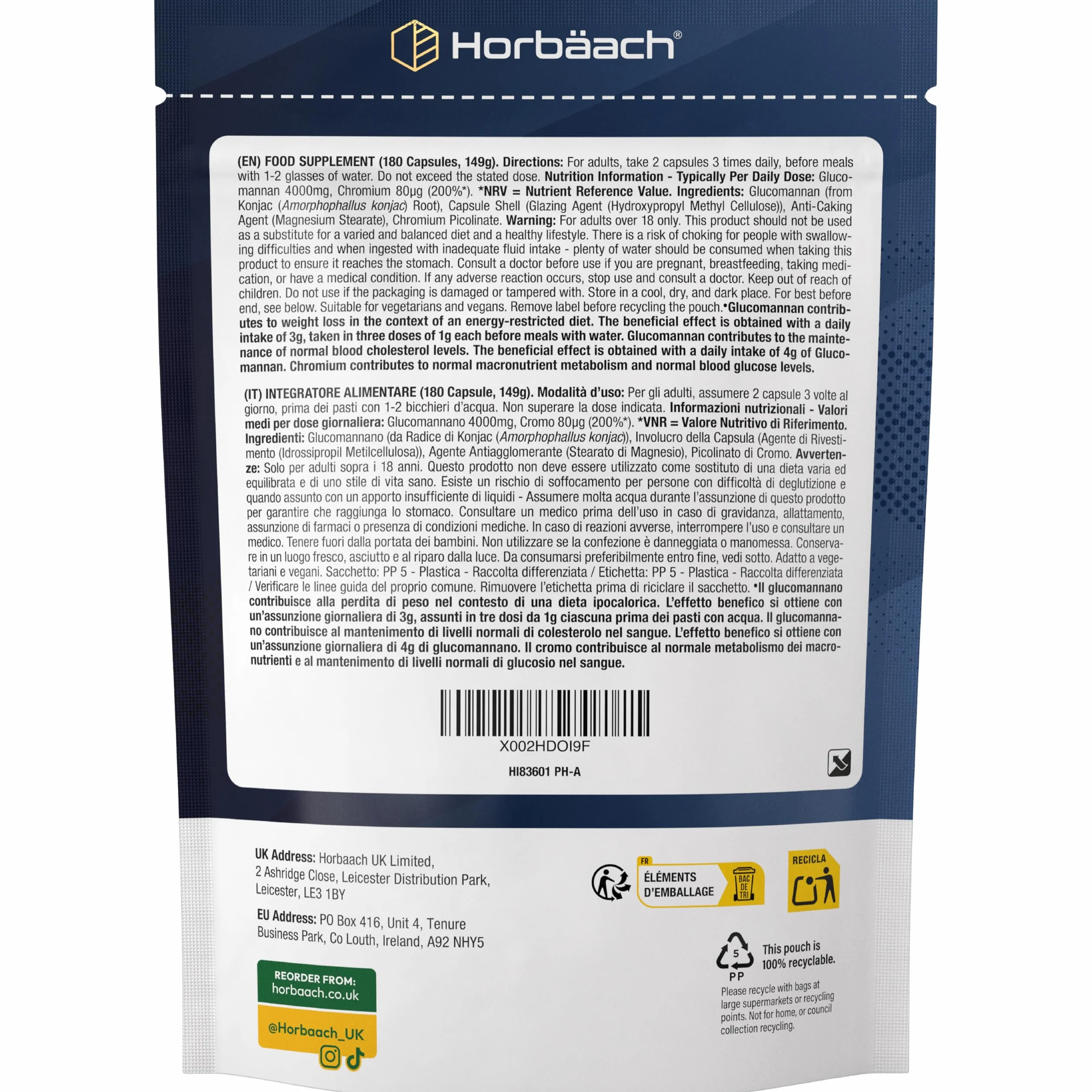 Glucomannano 4,000mg Radice di Konjac con Cromo 180 Capsule Vegani Horbaach