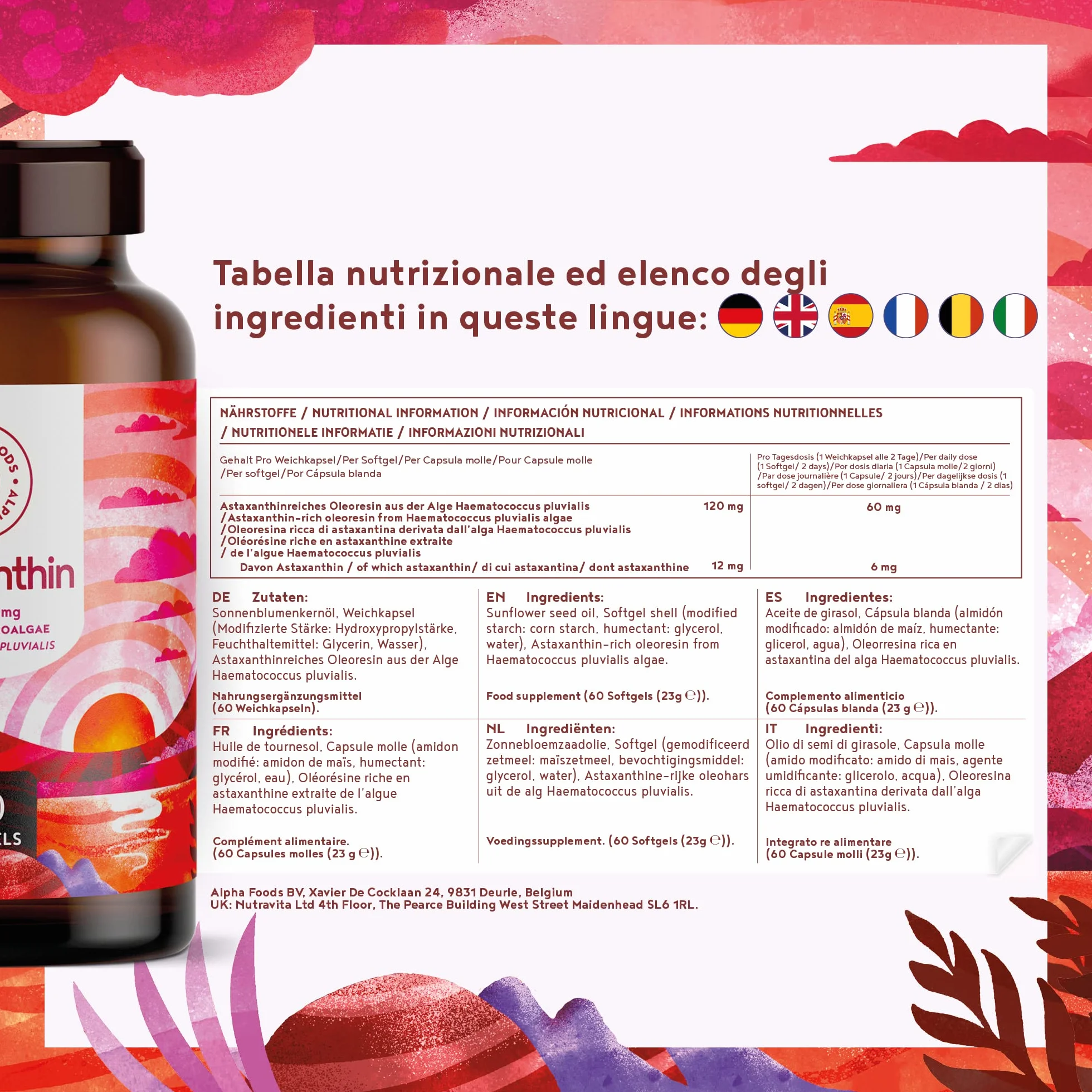 Alpha Foods Astaxantina 12mg 60 capsule vegane Integratore antiossidante da Haematococcus Pluvialis