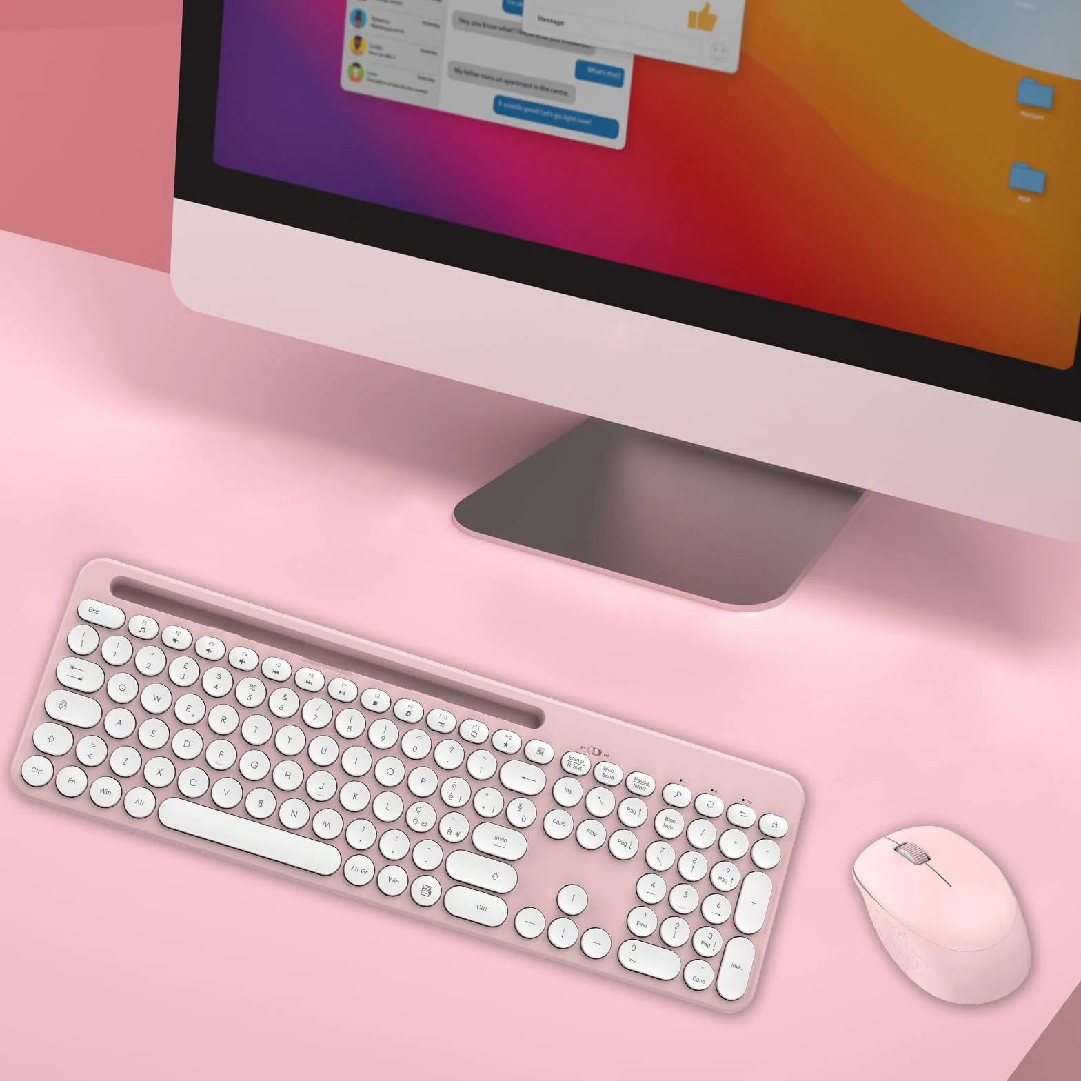 LeadsaiL Set Tastiera e Mouse Wireless, Italiano QWERTY 2.4GHz Full-Size Tastiera e Mouse Senza Fili con Supporto per Telefono e Tablet, Ergonomica, Tastierino Numerico per Computer, PC, Laptop-Rosa