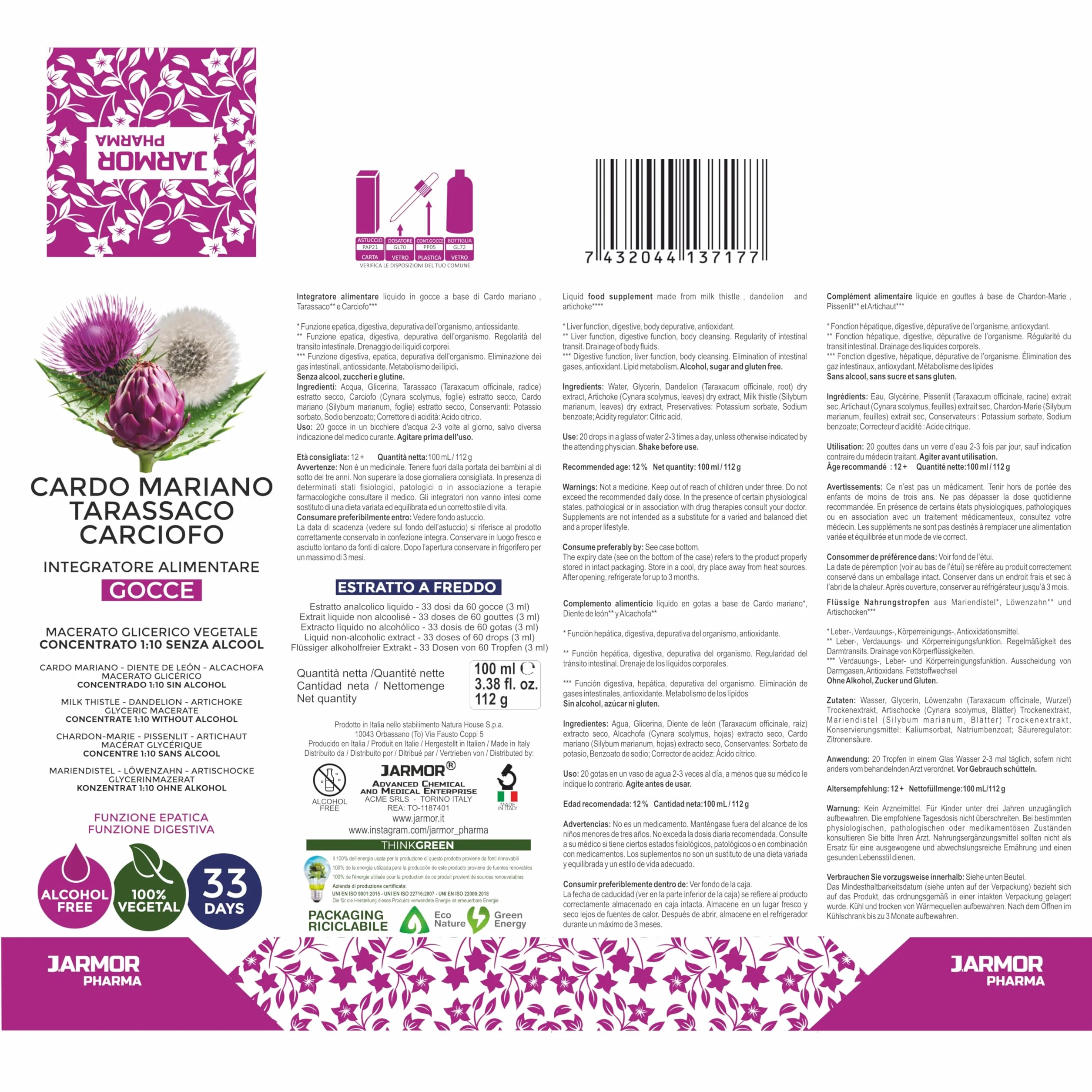 Cardo Mariano Tarassaco e Carciofo Gocce 100 ml Integratore Detox Fegato e Intestino Silimarina Extra Forte