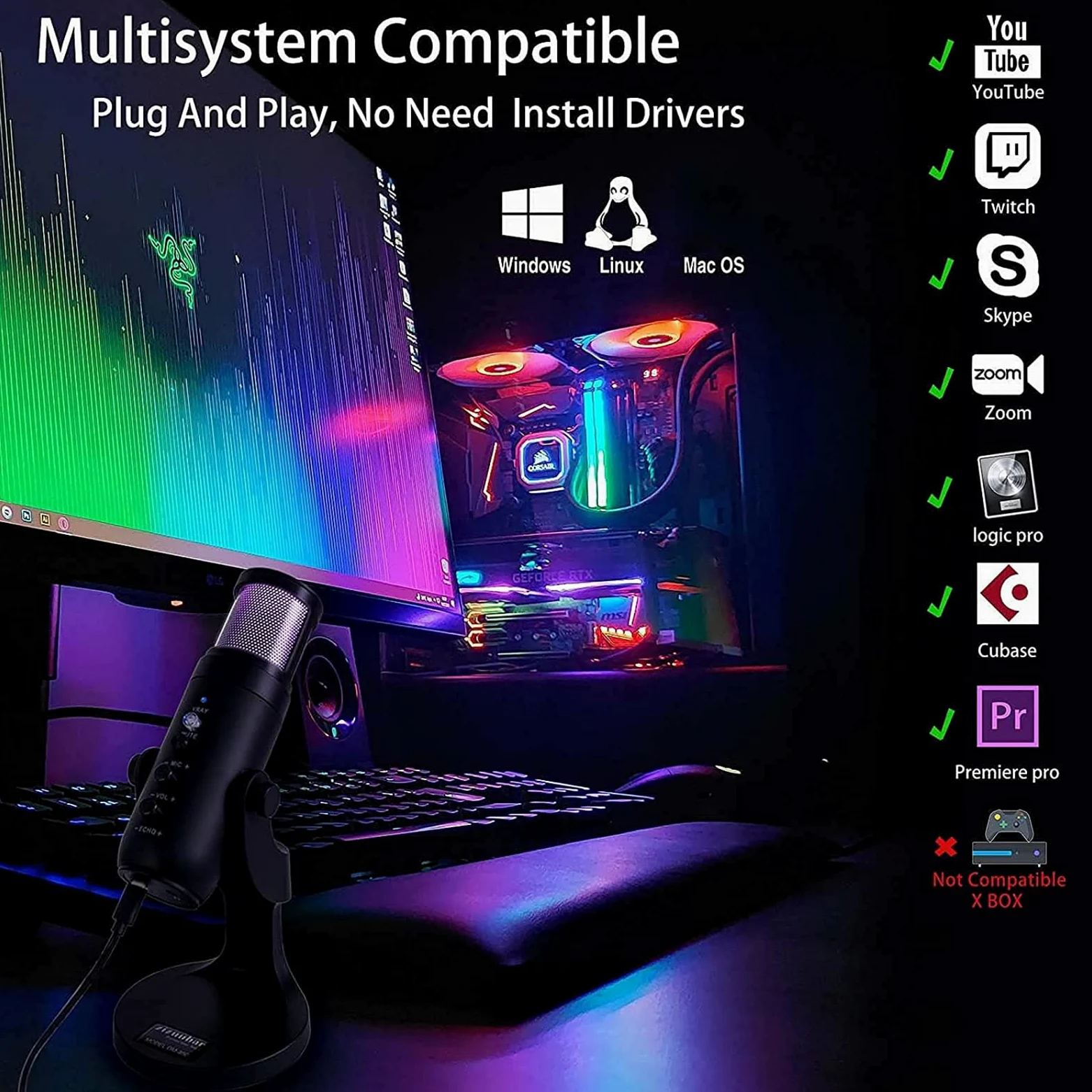 Microfono a Condensatore USB, Microfono a Condensatore RGB Con Luce Colorata Per L'atmosfera Respiratoria, Modello Cardioide, Adatto Per Registrazione Video, Podcasting, Giochi