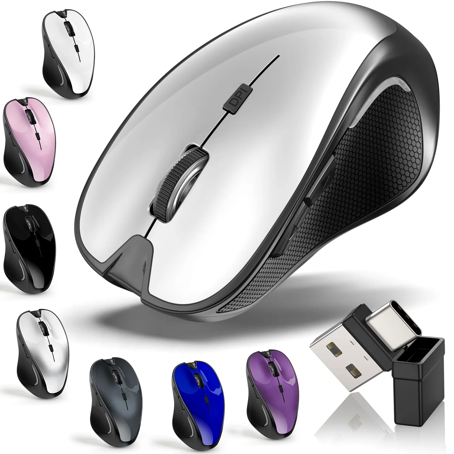 Mouse per MacBook Bluetooth Wireless Mouse Laptop MacBook Air Mac Pro Silenzioso Ricaricabile PC iPad Mouse Ottico con Jiggler Dual Mode Switch Bluetooth 5.2/3.0 e 2.4GHz USB Type-C Receiver SILVERY