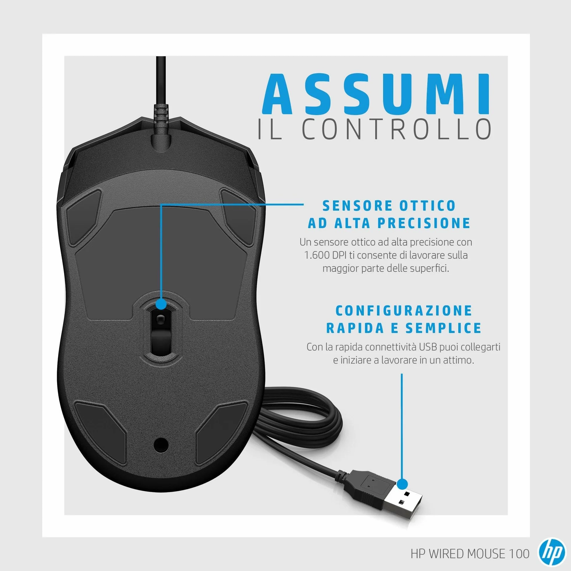 HP 100 Mouse Cablato, 1600 DPI, 3 Pulsanti, Cavo USB-A 1.5m, Ergonomico, Ambidestro, Nero