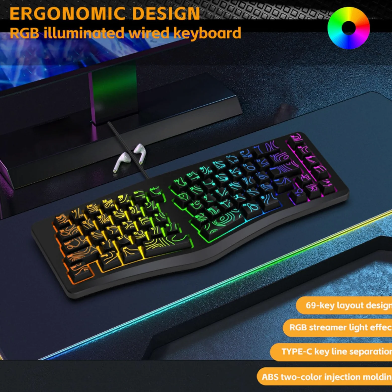 Tastiera Ergonomica Cablata, Tastiera Divisa a 69 Tasti, con Tasti Ondulati con Digitazione Comoda e Retroilluminazione RGB, Ideale per, IOS, PC e Laptop