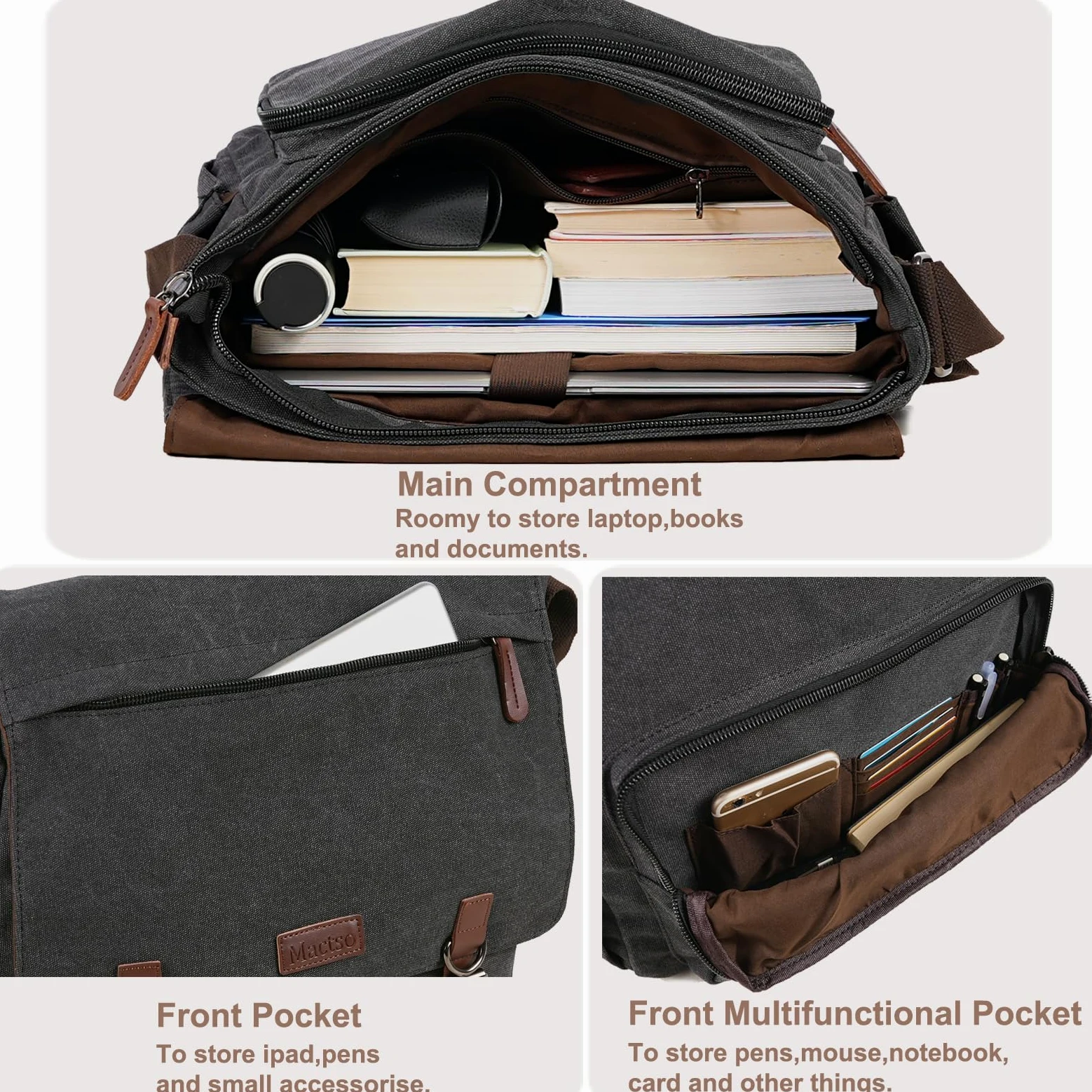 Canvas Messenger Bag for Men Women,Travel Satchel Shoulder bag 15.6 Inch Laptop Bag briefcase Business