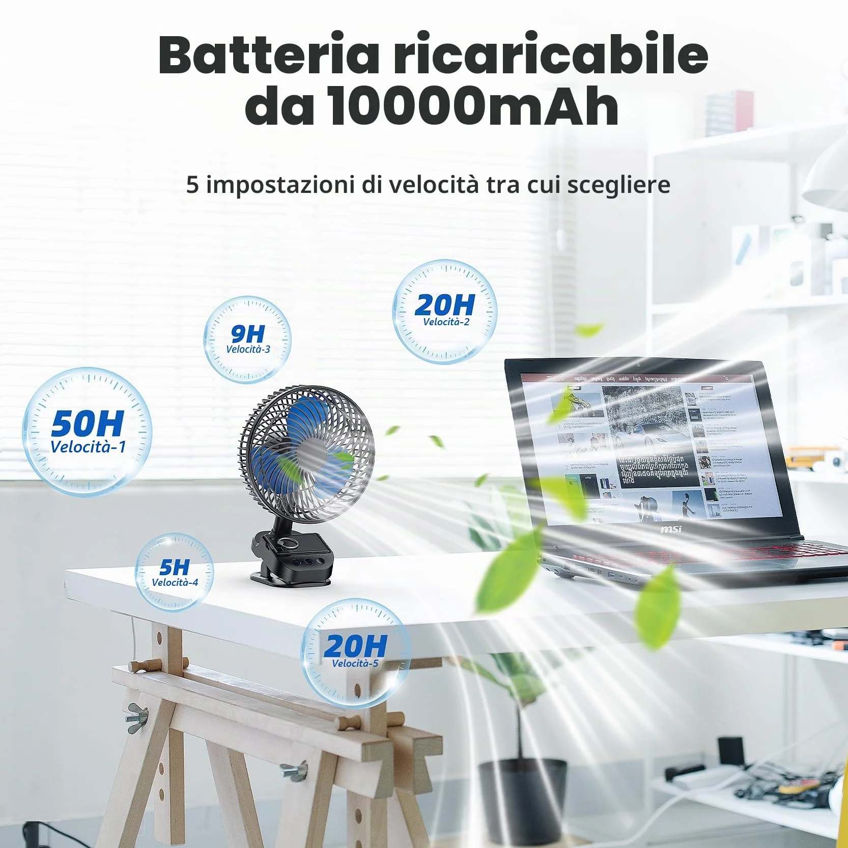 ATEngeus Ventilatore USB 4 in1, Ventilatore con clip da 8 inch, Ventilatore batteria da 10000 mAh, 5 velocità, Rotazione multi-angolo, Funzione Cronometraggio, con clip e gancio, per casa, ufficio