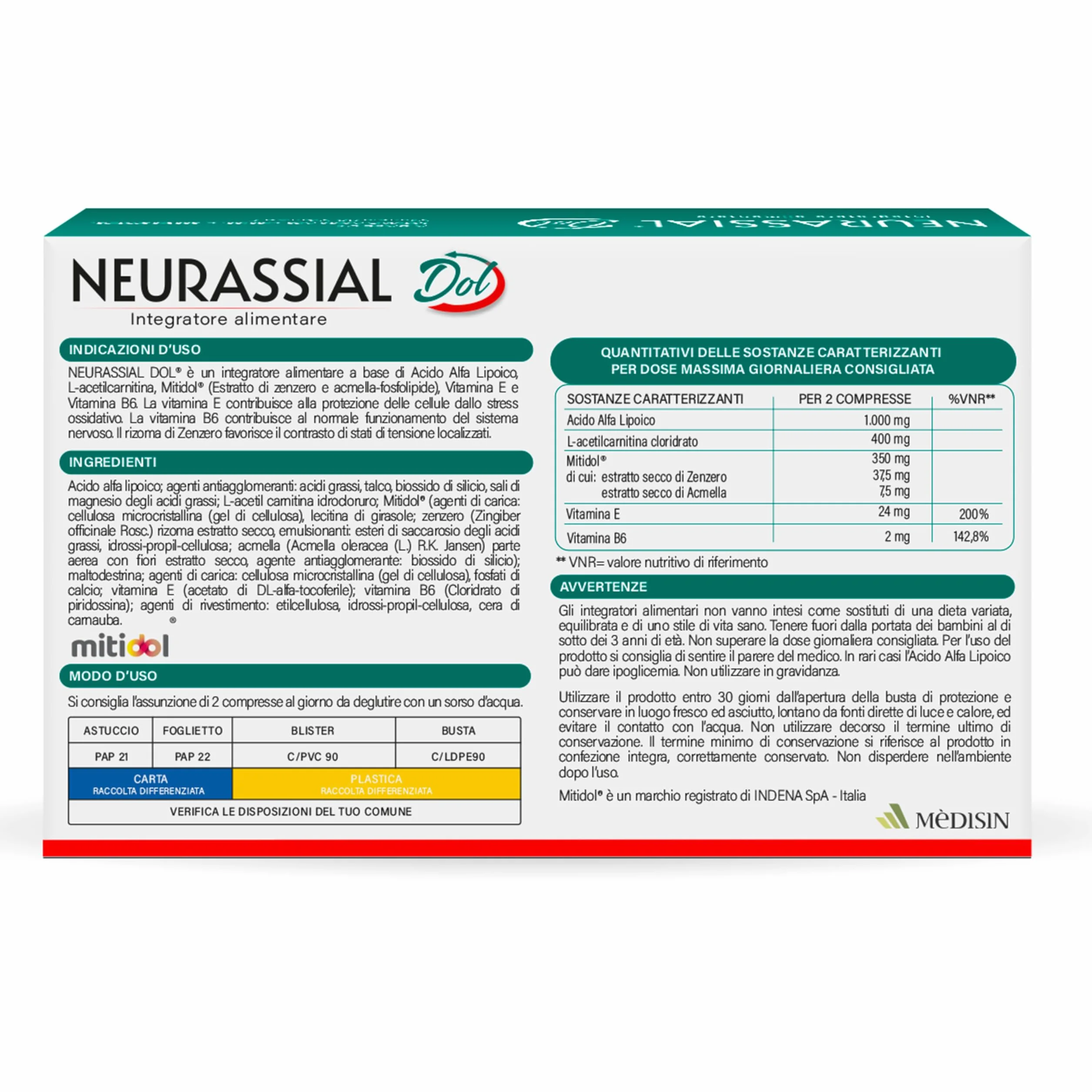 NEURASSIAL DOL Integratore alimentare Acido Alfa Lipoico L-acetilcarnitina Zenzero Acmella Vitamina E Vitamina B6 20 Compresse