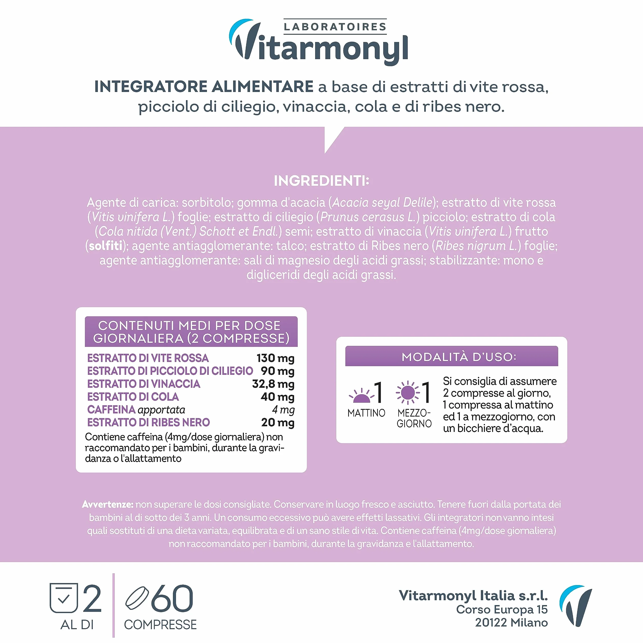 Vitarmonyl Gambe Leggere Drenante Vite Rossa Ribes Nero Ciliegio 60 compresse Integratore Gambe Pesanti