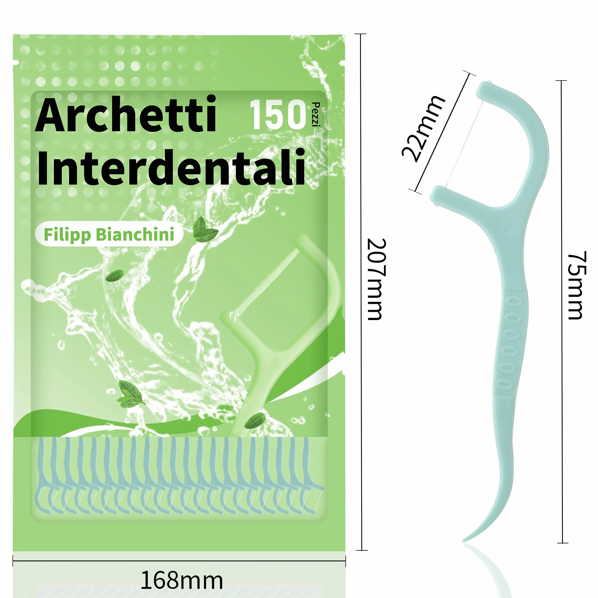 Filippo Bianchini Filo Interdentale Gusto Menta 150 Pezzi Bastoncini Portatili Cura Dentistica